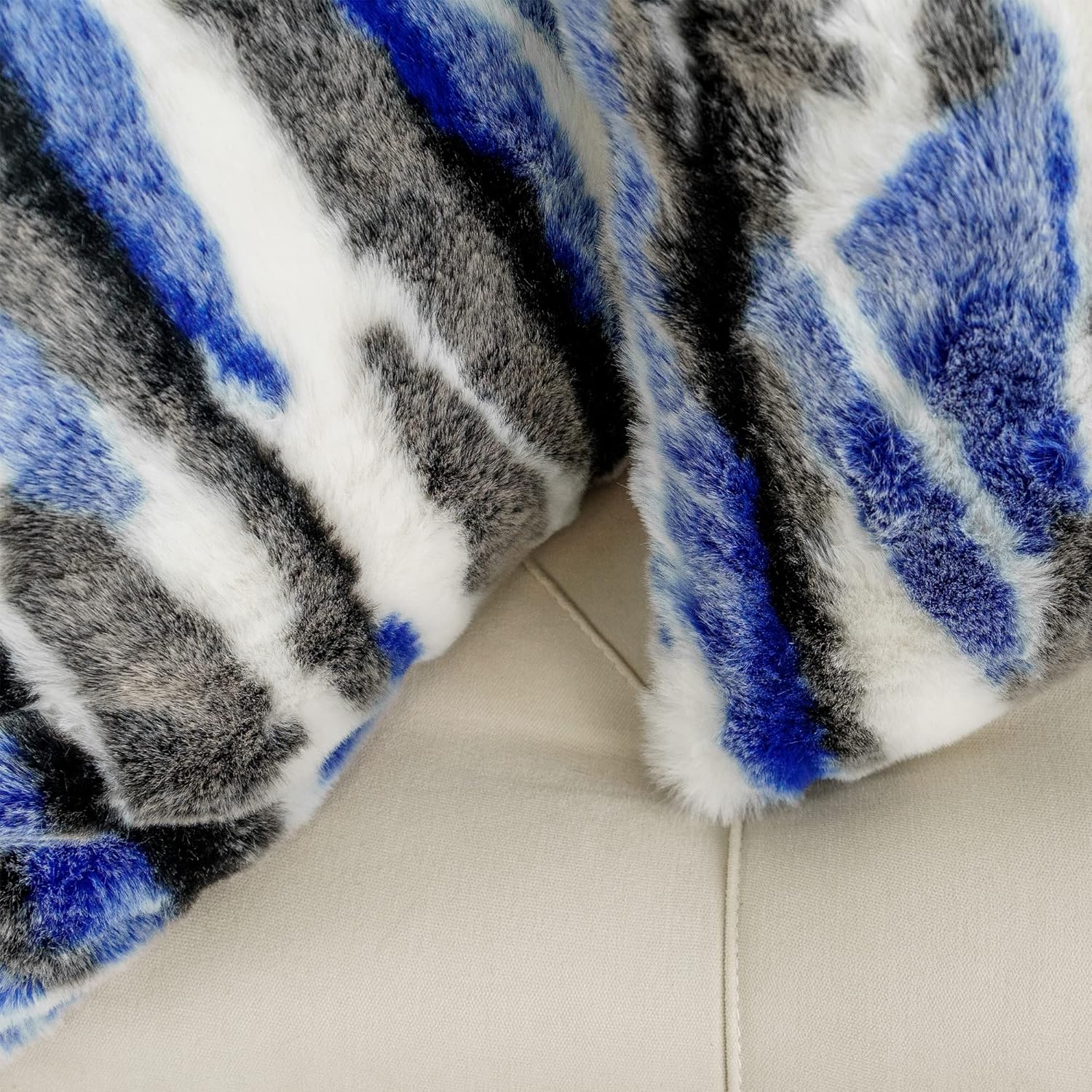 Multi Jacquard Faux Fur Decorative Euro Throw Pillow Covers 26 x 26 Inches Set of 2, Furry Fluffy Plush Soft Luxury Cushion Case Pillowcase for Couch Bed Car Bedroom Living Room, Blue Multi