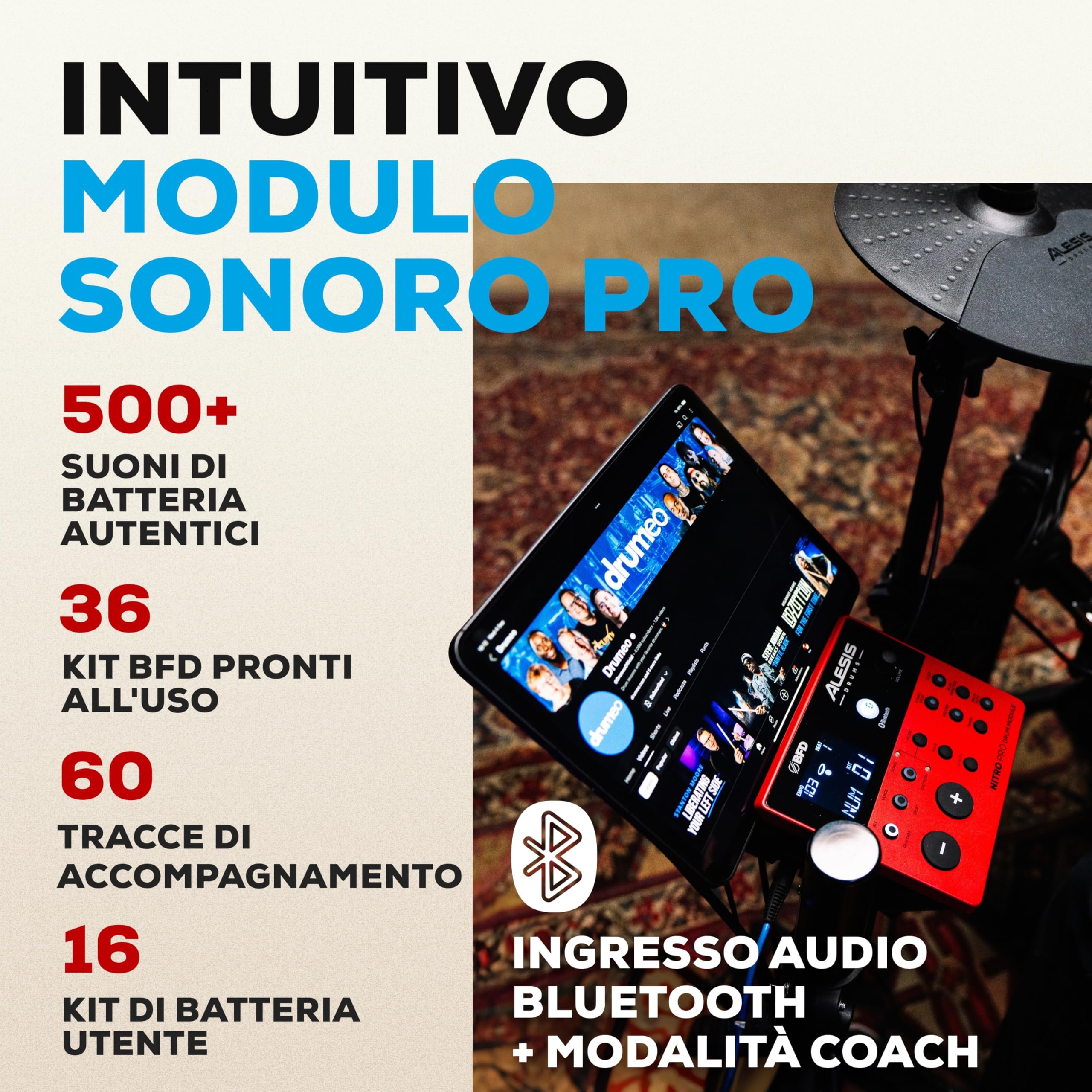 Alesis Nitro Pro XL Batteria Elettronica 10 Pezzi Mesh Dual Zone Pad BFD Suoni Bluetooth Drumeo USB MIDI
