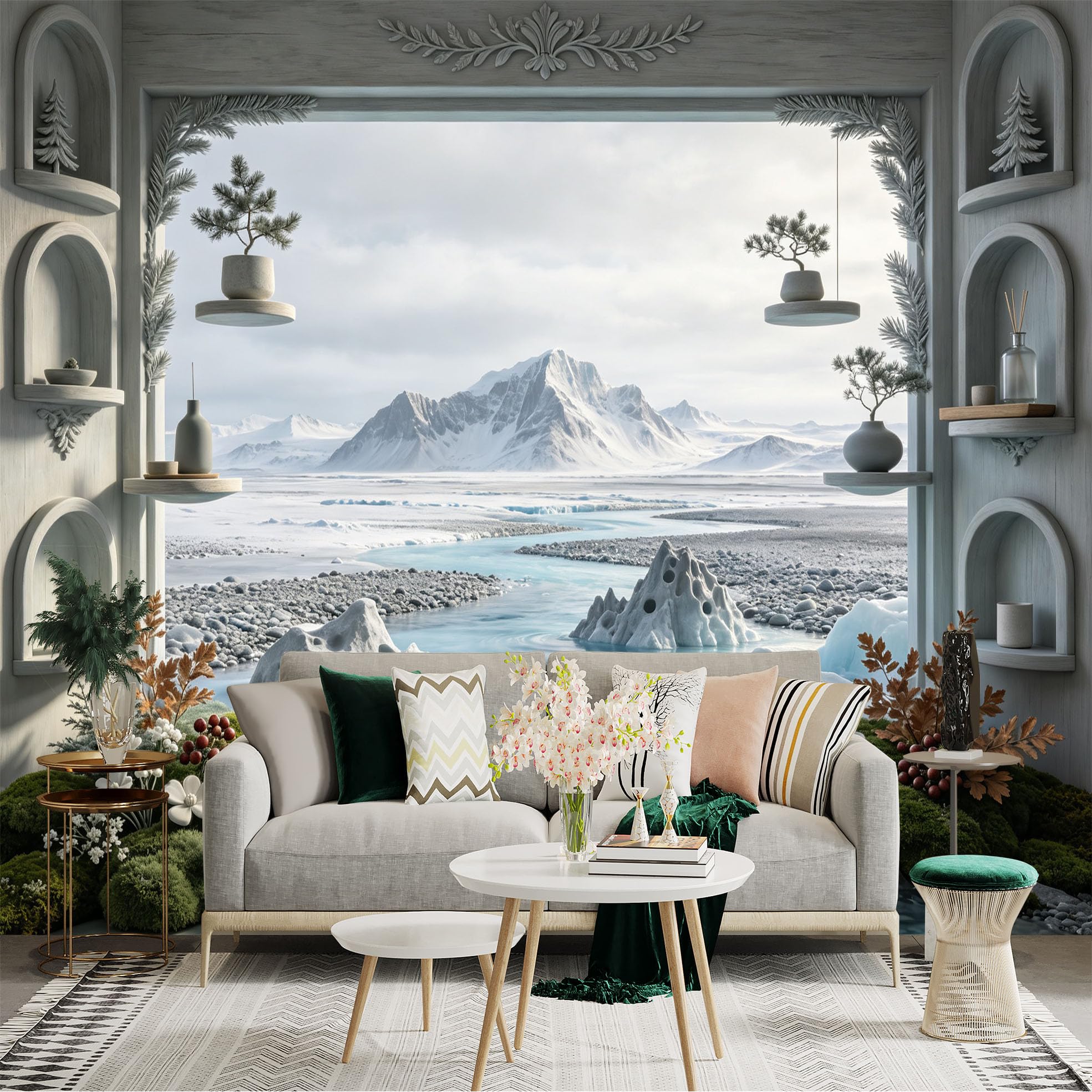 Lnzczhyre Bh260719762 Custom Size Wall Sticker Mural， Serene Frozen River Landscape， Snowy Mountain View， Zen Indoor Balcony Decor， For Wall Decoration， Peelandstick Wall Decals.