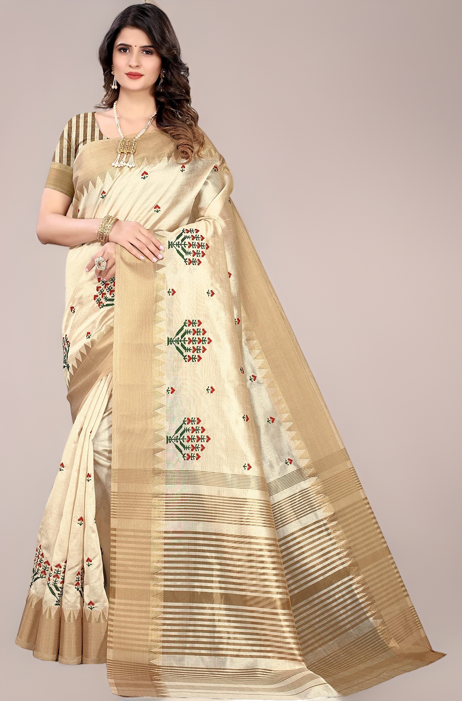 SERONA FABRICS Women's Assam Cotton Silk With Golden Border Thread Embroidery Saree With Blouse Piece