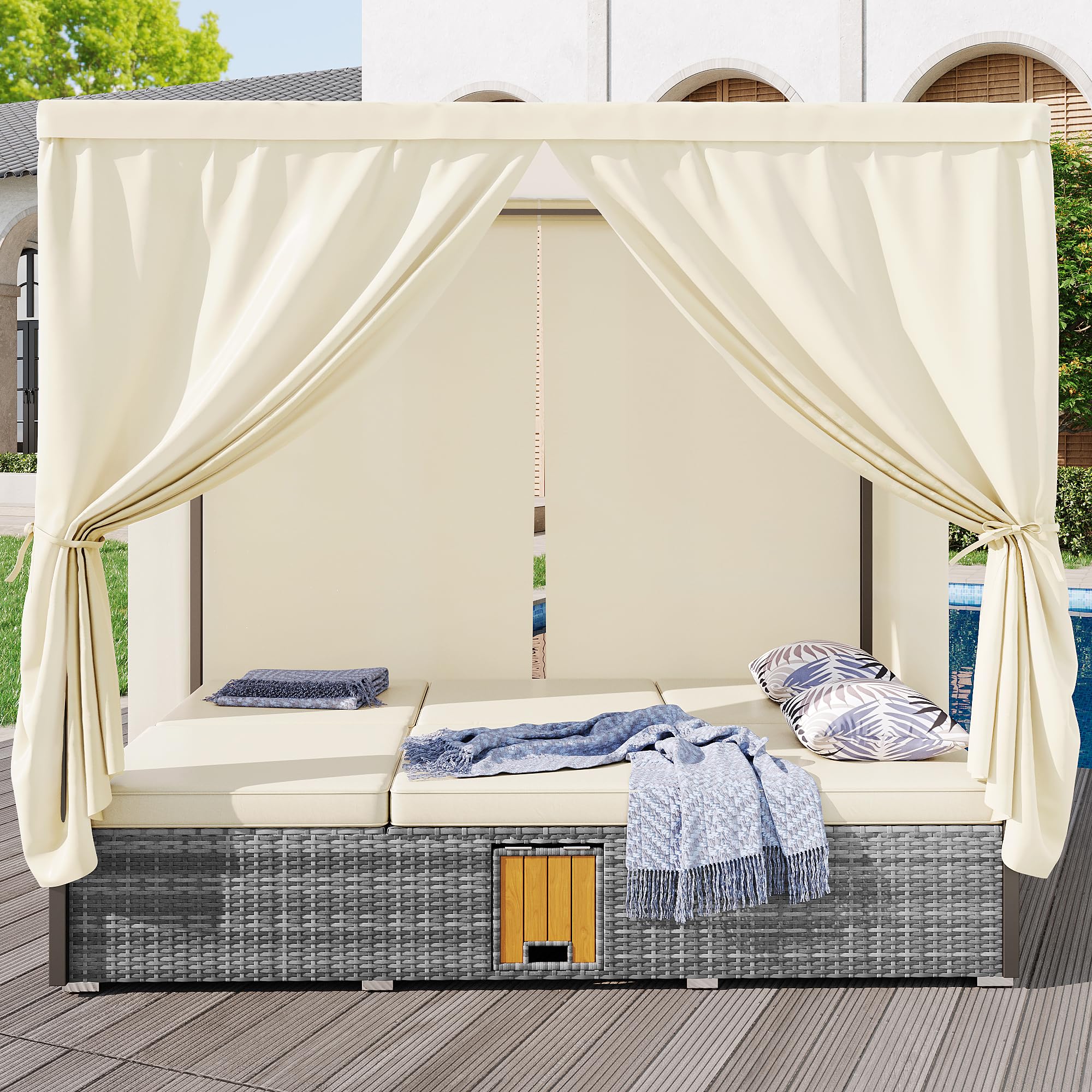 Tumbona de jardín de matrimonio, 187 x 128 x 186 cm, con parasol y cojines con mesa plegable, tumbona de ratán de ángulo ajustable, muebles de salón, terraza y jardín para exteriores