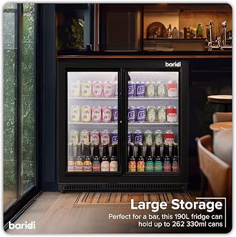 Baridi Back Bar Drinks Fridge/Cooler with Double Glazed Glass Sliding Door & Security Lock for Commercial & Domestic Settings 190L, Black - DH273