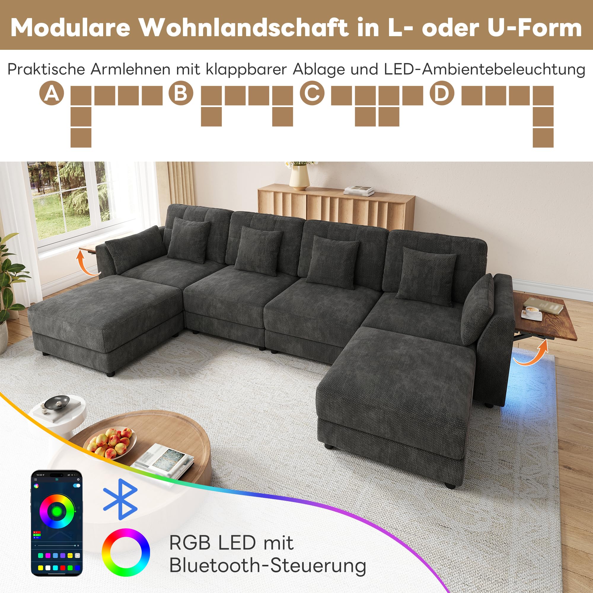 Divano angolare modulare combinato a U / L con 2 sgabelli mobili, illuminazione a LED e tavolino pieghevole con 6 cuscini, rivestimento in ciniglia, grigio