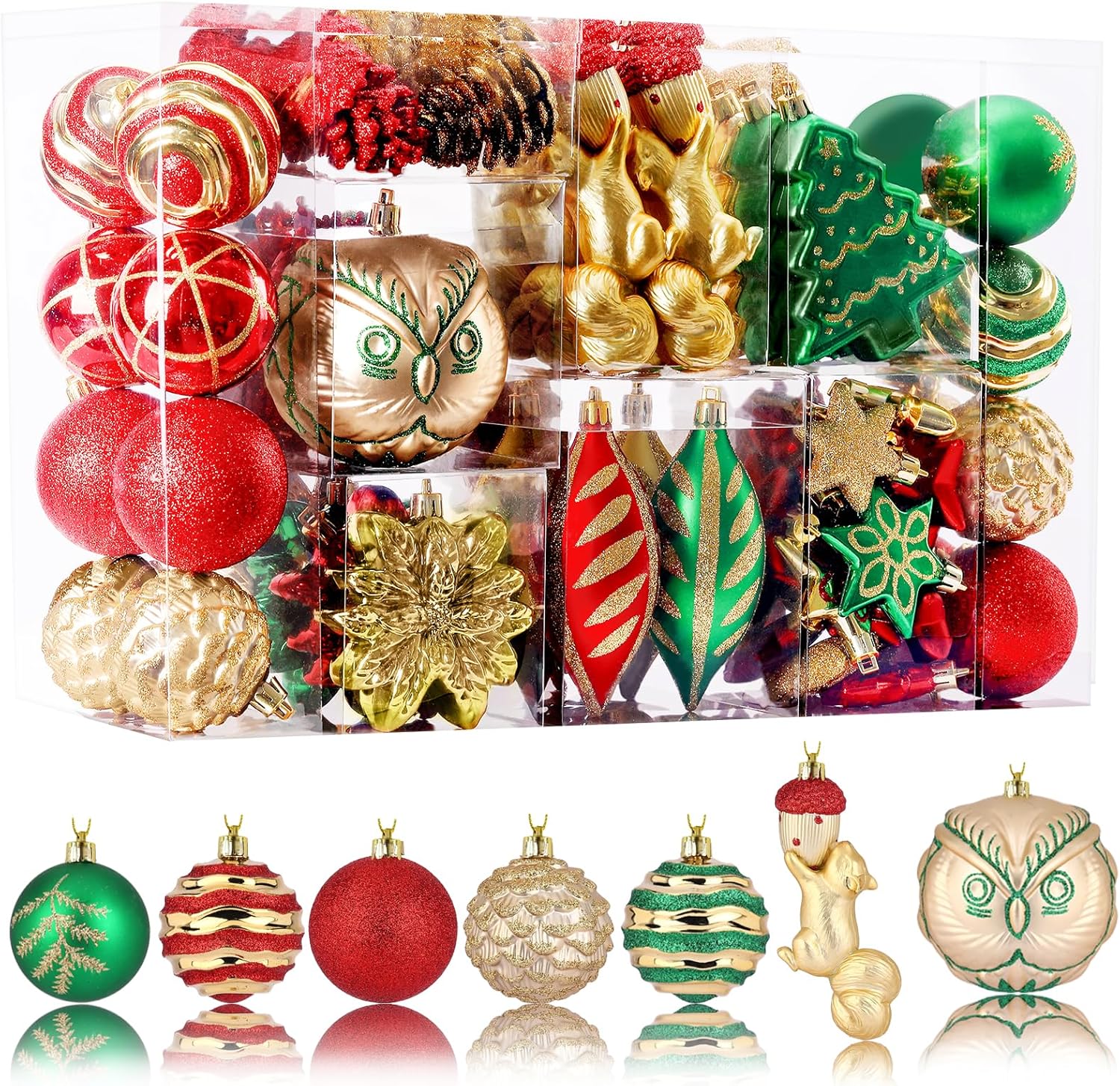 Alupssuc 96pcs Christmas Tree Ornaments Set, Plastic Shatterproof Hanging Baubles for Xmas Tree Decor, Holiday Balls Decorations with a Forest Theme and Animal Designs in Red Green & Gold
