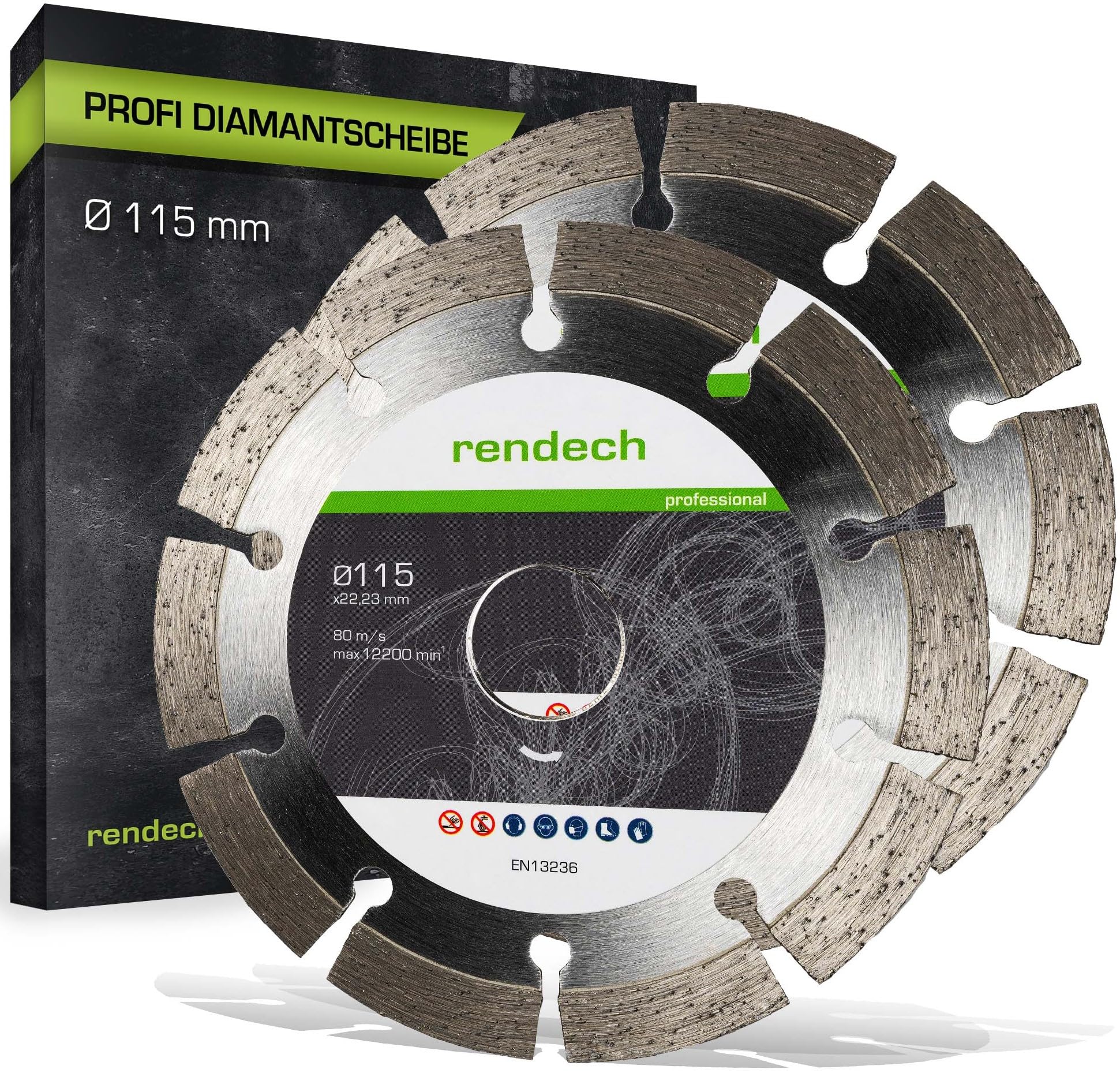rendech® Profi Diamantscheibe mit 10mm Block-Segment | Ideal für Beton, Stein, Mauerwerk, Granit, Ziegel uvm. - Zubehör für Winkelschleifer mit hoher Schneidleistung