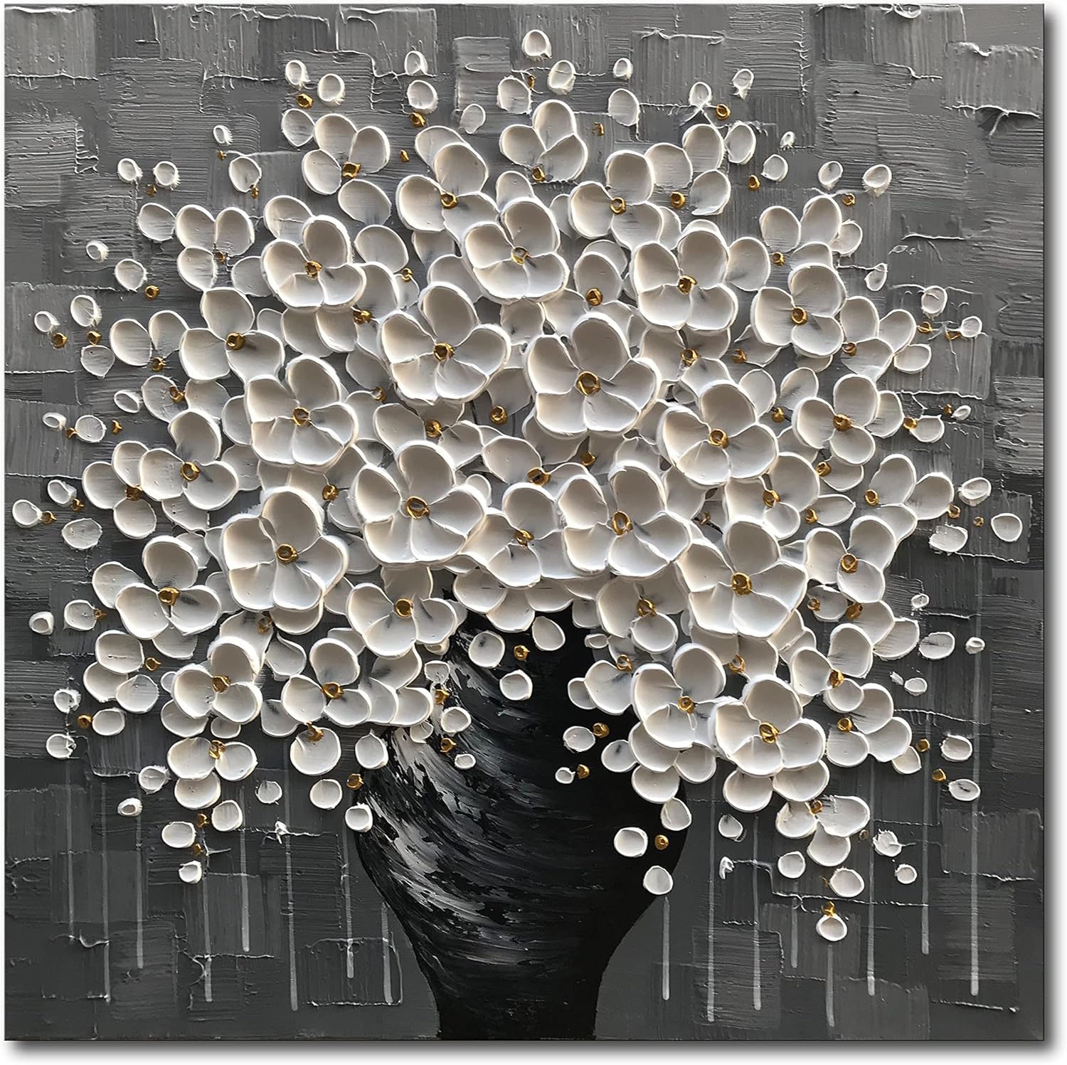 Hand Painted 3D Flower Painting White Flower in Black Vase 24x24inch Abstract Canvas Wall Art for Living Room Bedroom Ready to Hang