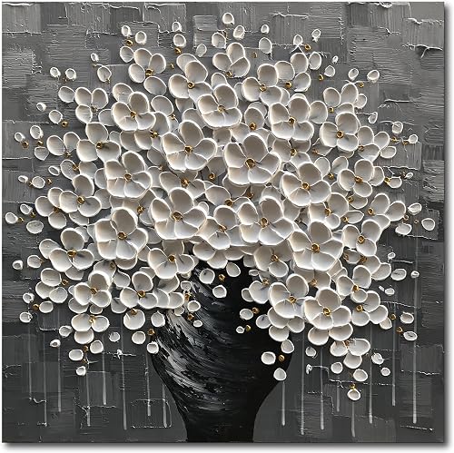 Hand Painted 3D Flower Painting White Flower in Black Vase 24x24inch Abstract Canvas Wall Art for Living Room Bedroom Ready to Hang
