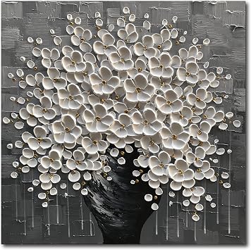 Hand Painted 3D Flower Painting White Flower in Black Vase 24x24inch Abstract Canvas Wall Art for Living Room Bedroom Ready to Hang