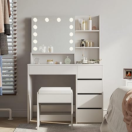 Furniouse Small Makeup Vanity Desk With Lights - 23.6" Dressing Table With Mirror, Storage Drawer, 3 Lighting Modes For Bedroom