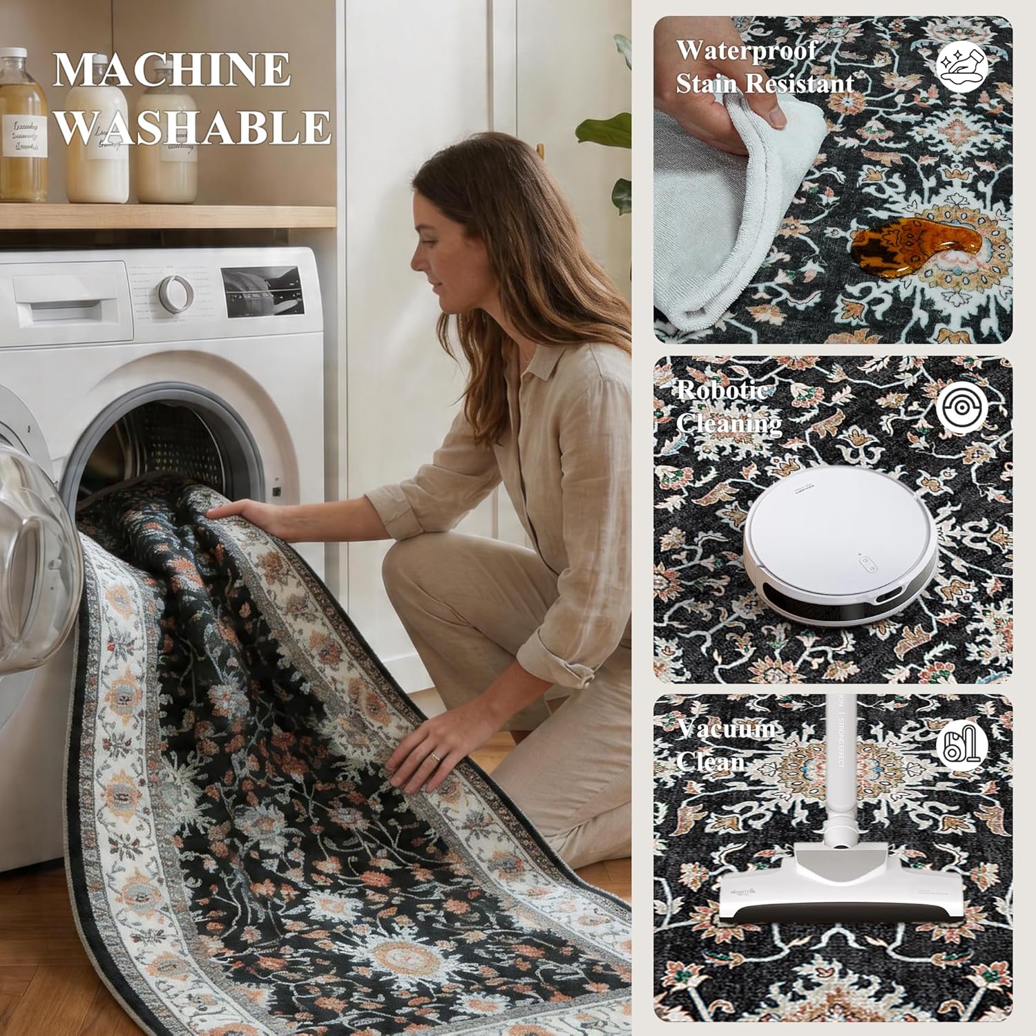 TOPRUUG Washable 2x8 Runner Rug: Vintage Non-Slip Stain Resistant Rug Low Pile Ultra Thin Carpets for Kitchen Hallway Living Room Durable Soft Bedroom Entryway Mat for High Traffic Area (Black, 2x8)