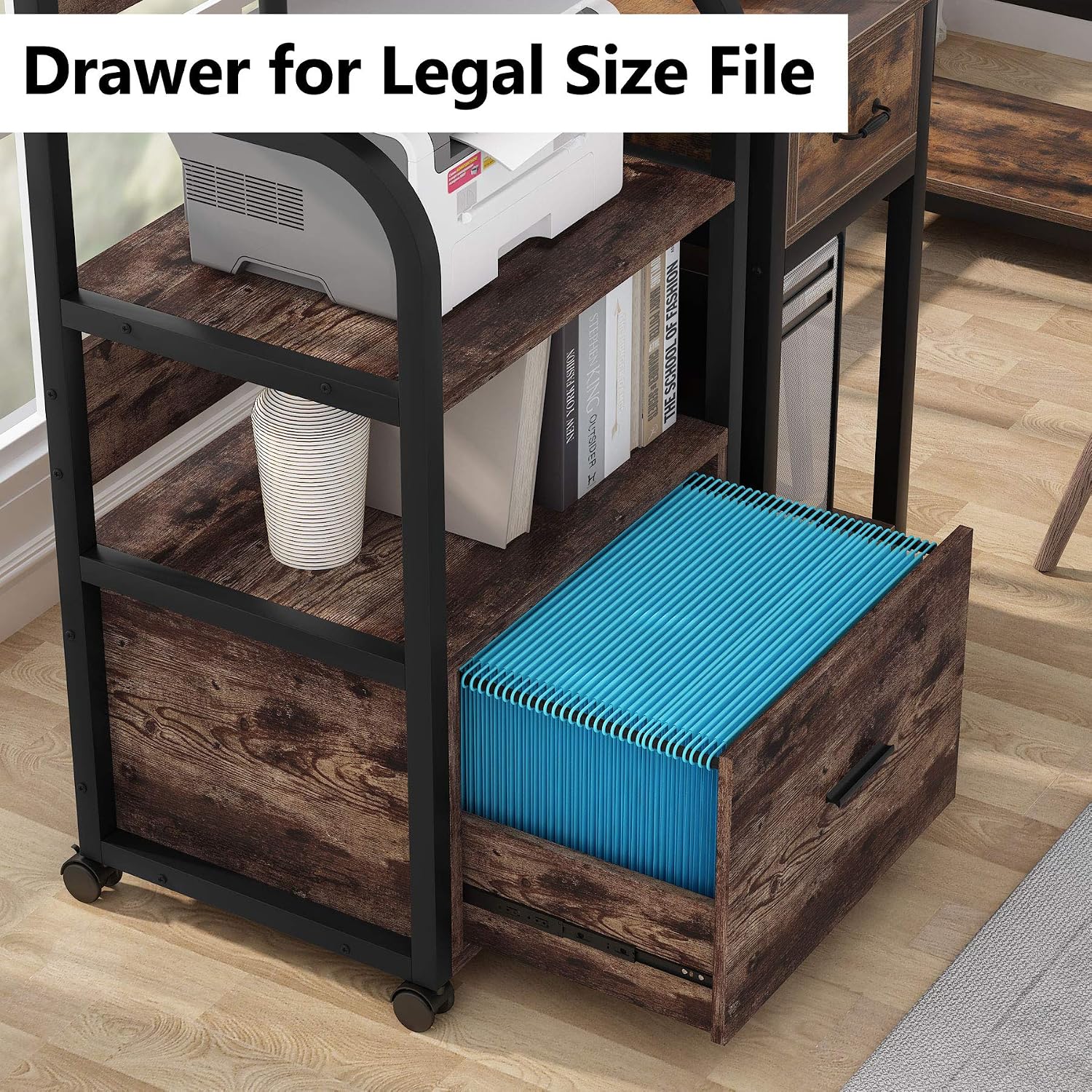 Tribesigns Mobile File Cabinet with Printer Shelf, 3 Tier Printer Stand with Legal Size Drawer, Rolling Filing Cabinet Printer Cart with Storage Shelves for Home Office Kitchen (Rustic Brown)