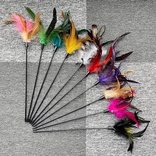 Miniatura 3 de Paquete de 10 juguetes de varita de plumas para gatos con campana, teaser interactivo de plumas naturales para gatitos de interior, juguete para