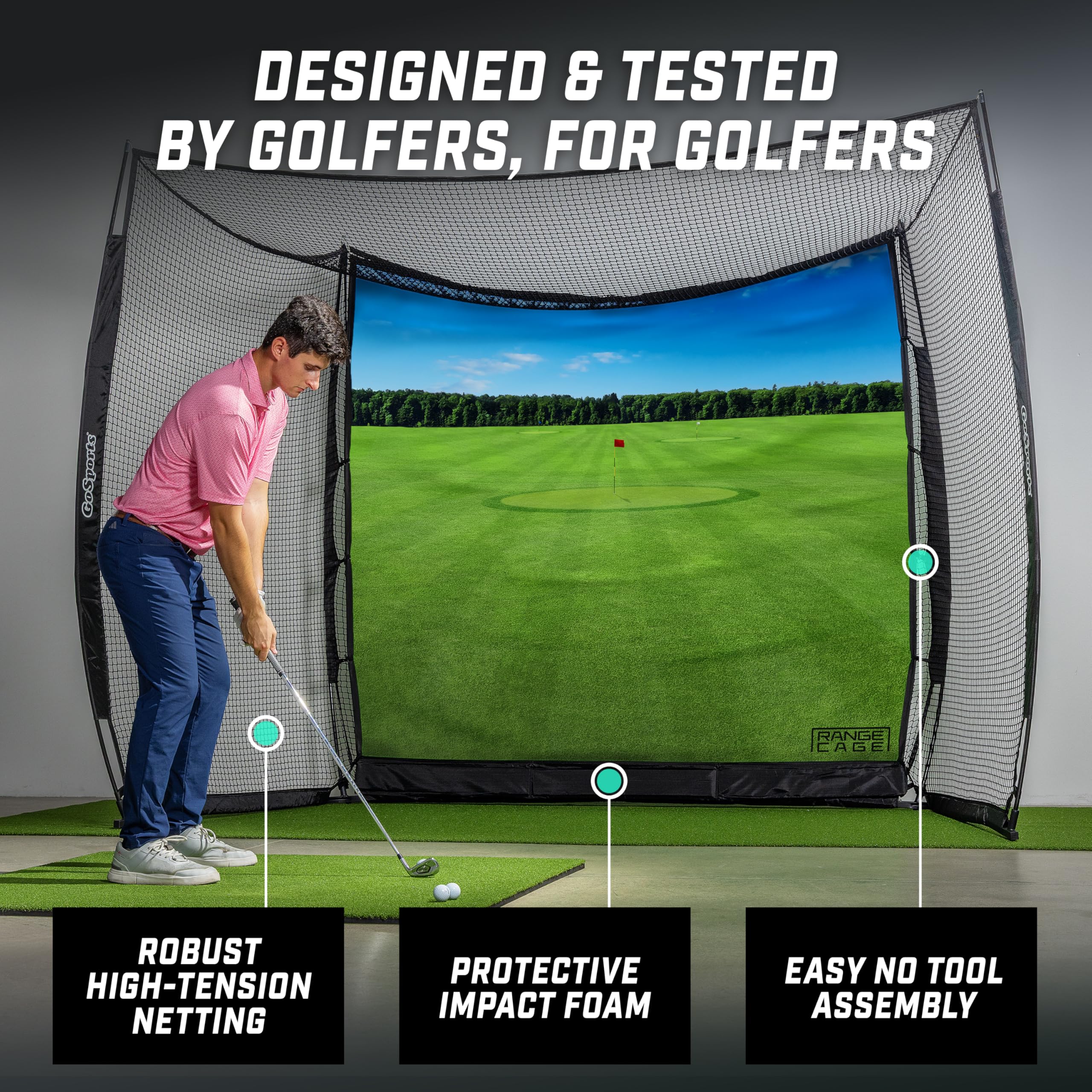 GoSports Käfignetze Cage Golf-Übungsnetz mit Schlagschutz, Driving Range oder Simulator-Bildschirm, 3 x 2,4 m