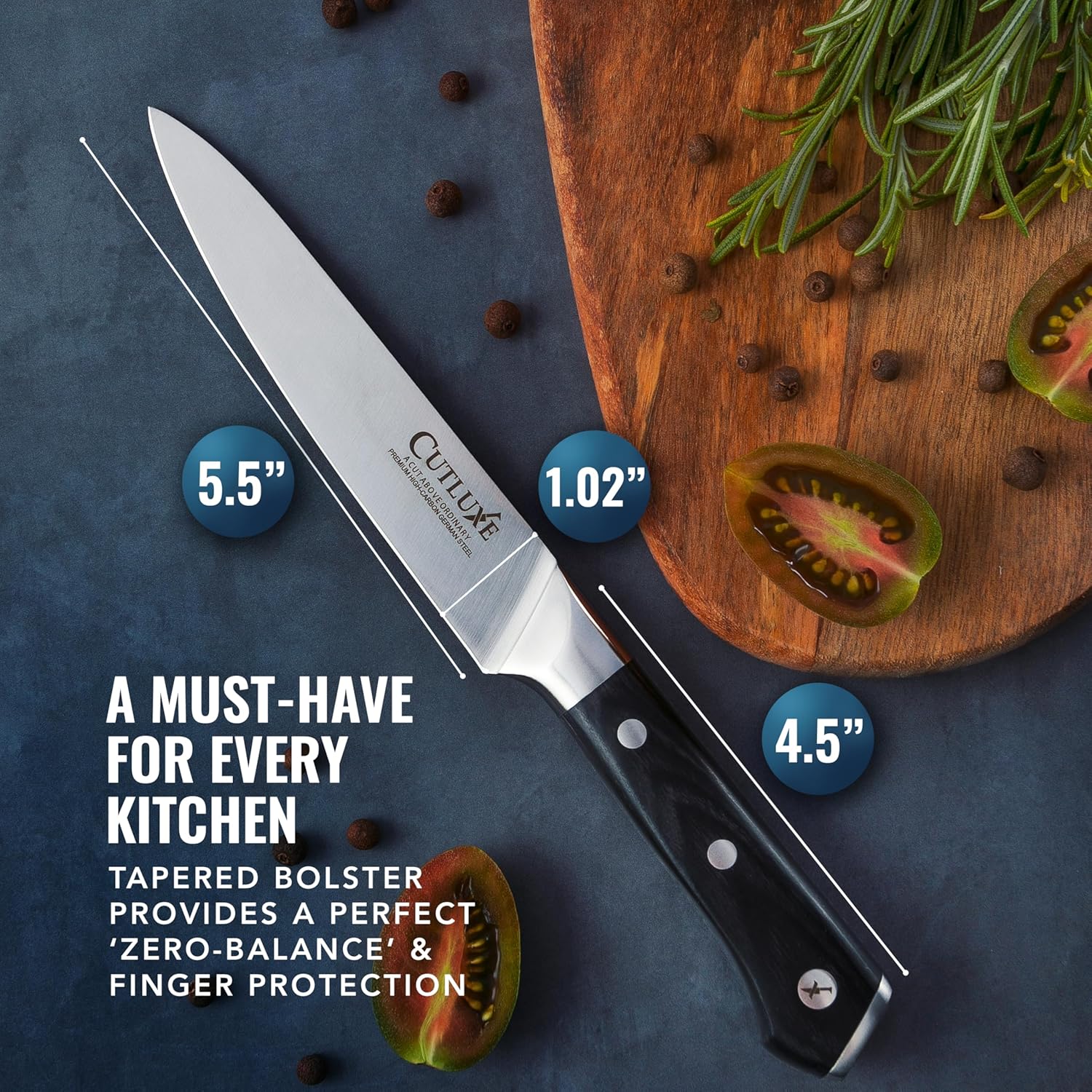 Cutluxe Kitchen Utility Knife, 5.5" Paring Kitchen Knife – Razor Sharp Blade, High Carbon German Steel, Full Tang Ergonomic Handle Design – Artisan Series - Image 7
