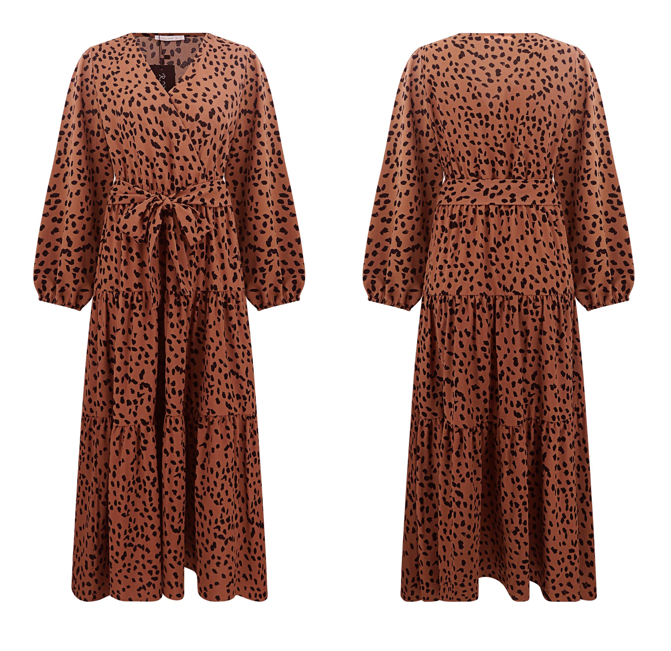 R.Vivimos Women's Fall Long Sleeve Casual Dresses Wrap V Neck Polka Dots Tiered Ruffle Flowy Midi Dress with Belt