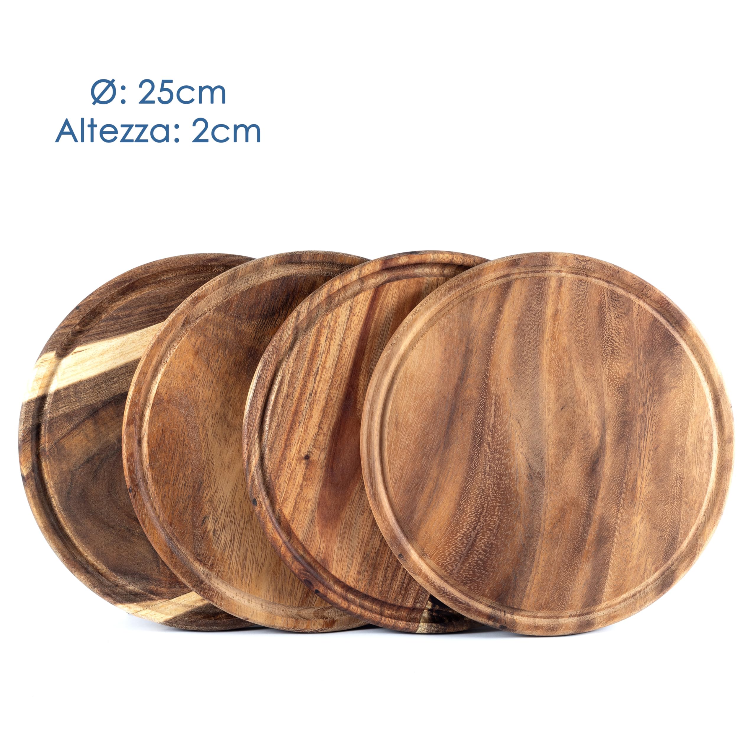 Hanseküche Tagliere per carne in legno di acacia, Ø 25 cm – Set da 4 piatti rotondi in legno – Ideale come tagliere per il pranzo, tagliere per pane, tagliere per servire e tagliere da cucina