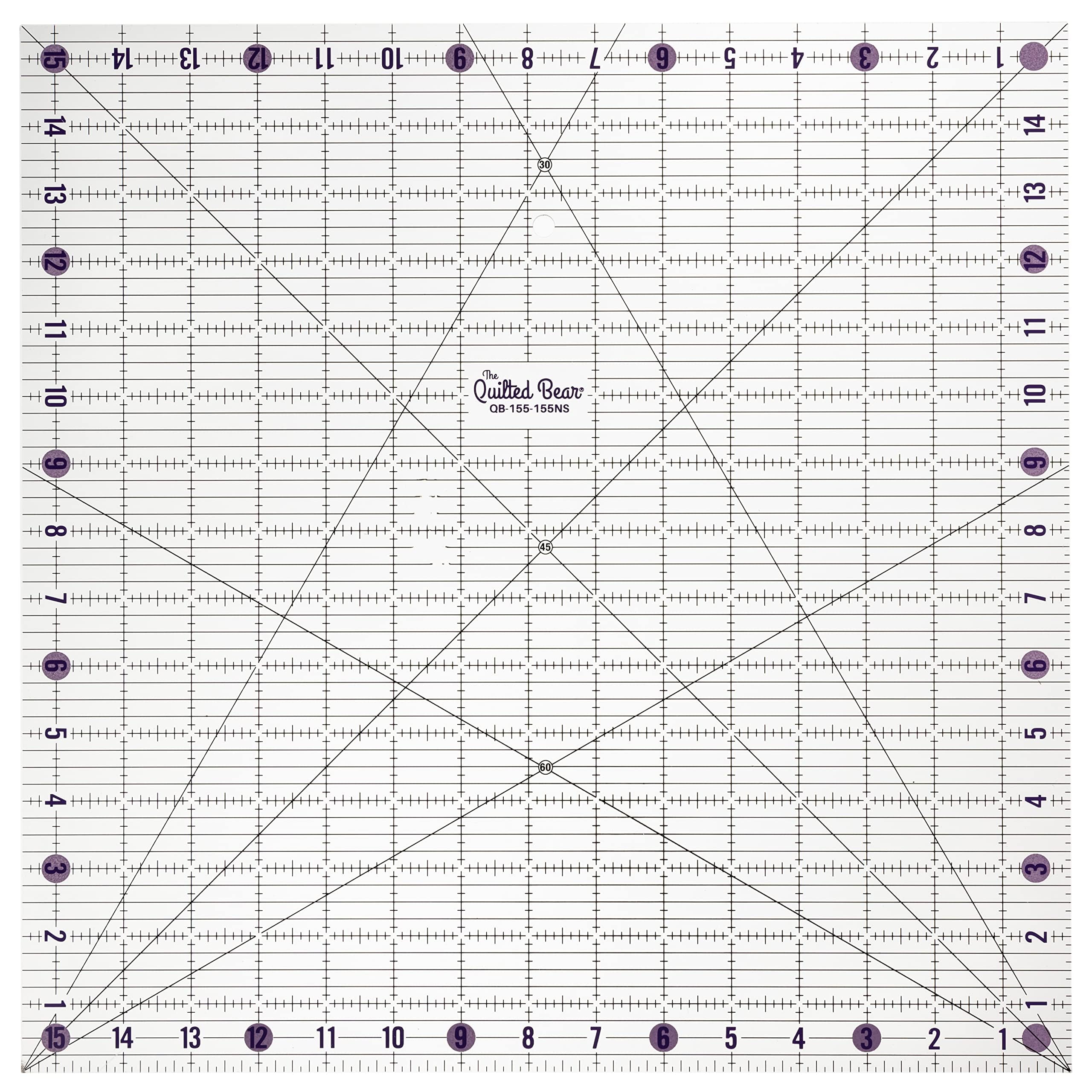 The Quilted Bear Transparent Quilting Rulers - Acrylic Non-Slip Quilting & Sewing Ruler With Precise Black Lines & 30, 45 & 60 Degree Angles - Essential Tool For Perfect Sewing Results (15.5" X 15.5")