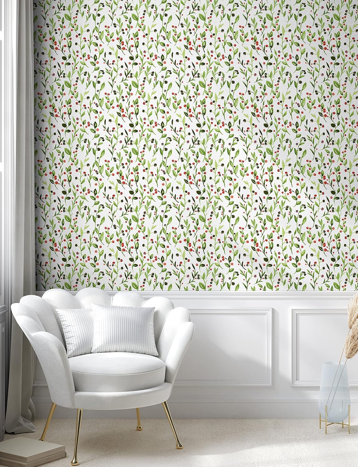 Lunarable Floral Peel & Stick Wallpaper for Home, Watercolor Cherry Bloom Branches Leaf Field Fruit Print, Self-Adhesive Living Room Kitchen Accent, 13" x 36", Lime and Fern Green Red