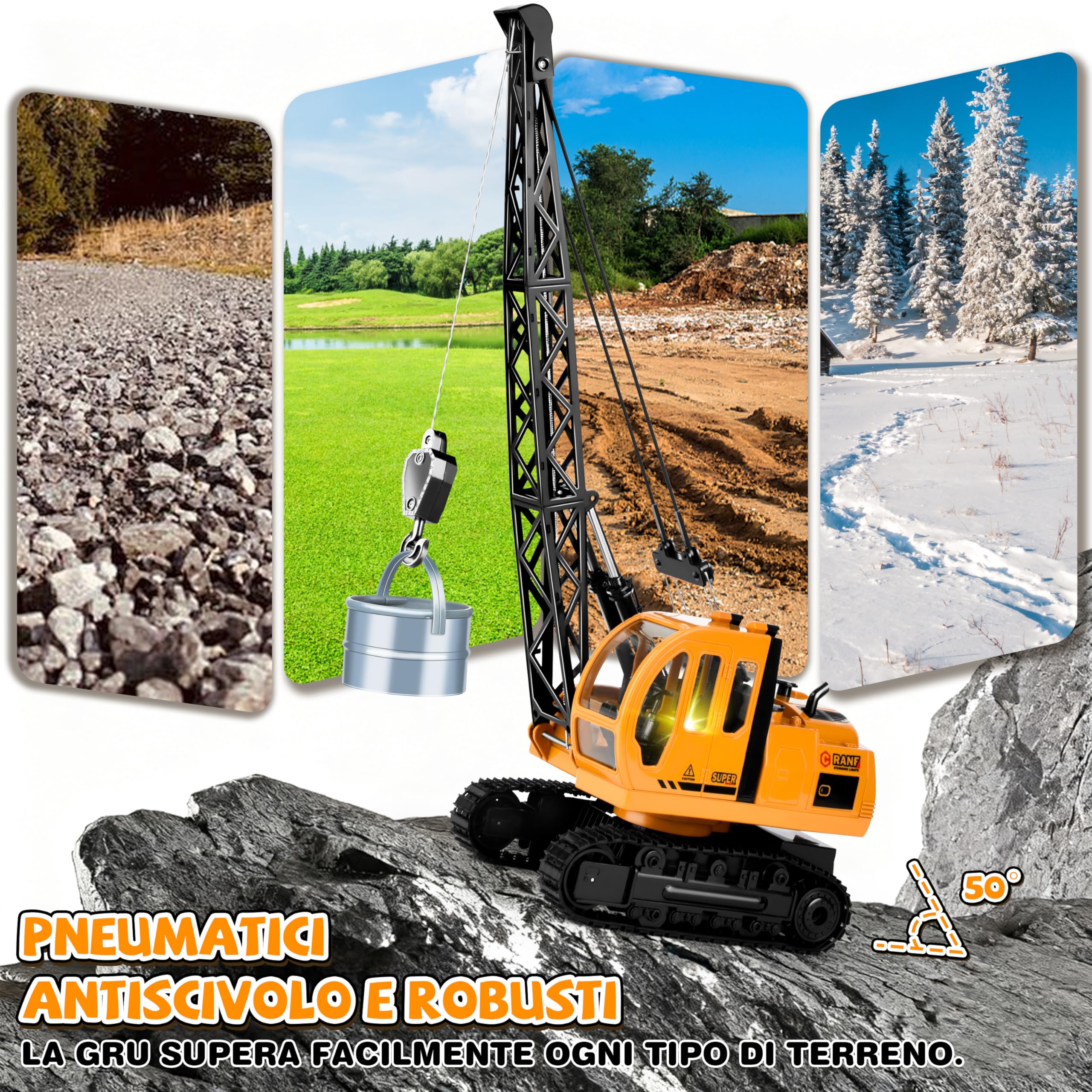 Joellfuner 1:14 Grue Gru Giocattolo per Bambinis, 2,4G Gru Telecomandata avec Lumières et Sons, Grande Grue RC con 2 Utensili, Cadeau pour Garçons de 3 à 12 Ans (Extra Grande)