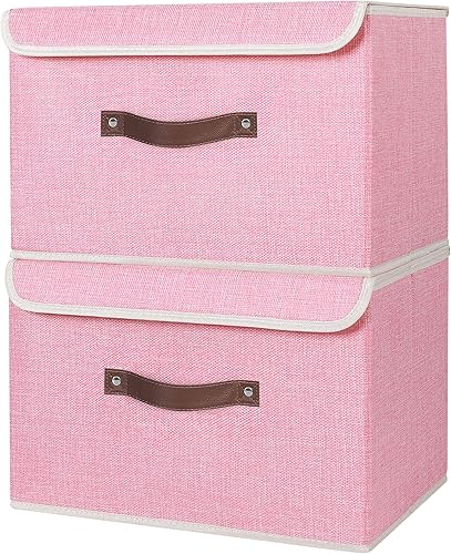 Miniatura 310 de ANMINY 2 contenedores de almacenamiento con tapa, asas de piel sintética, cajas de almacenamiento de plástico PP, decorativas, plegables, de tela