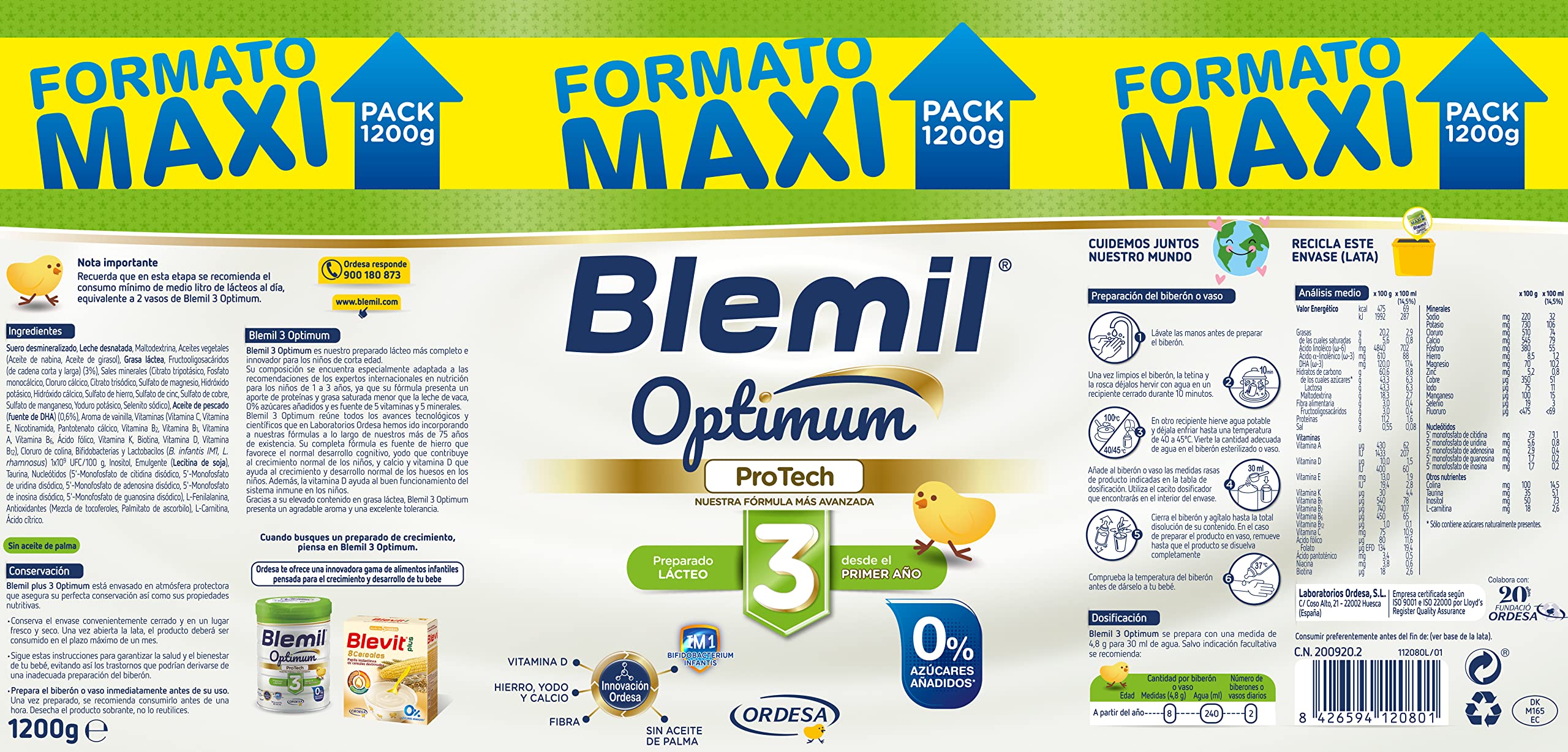 Blemil 3 Optimum ProTech 0% Azúcares añadidos - Preparado Lácteo en polvo, Desde los 12 meses, 1200 g