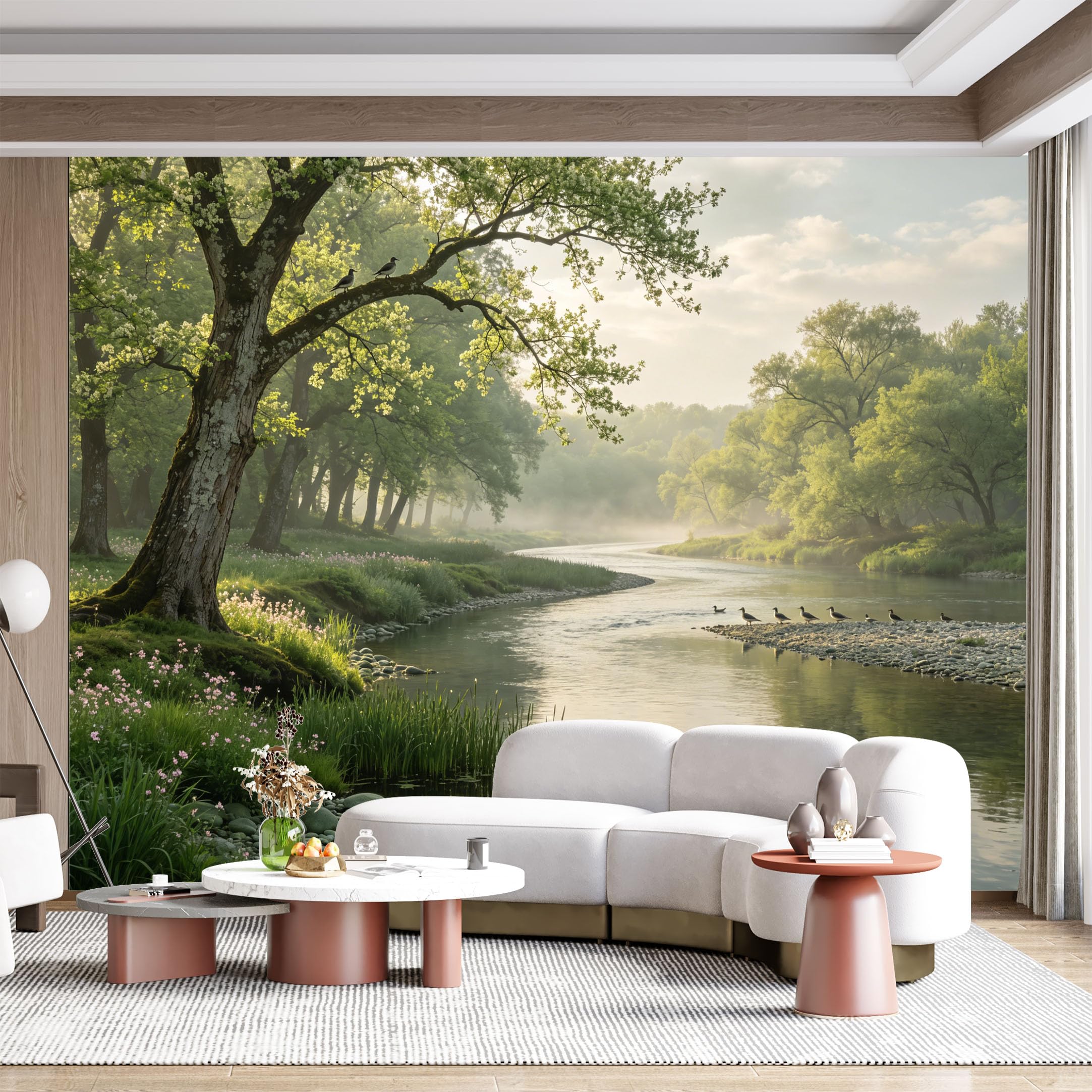 Custom Size Wall Mural Serene River Landscape Morning Mist Botanical Scenery SelfAdhesive Wall Fabric Removable for Home Office Decor