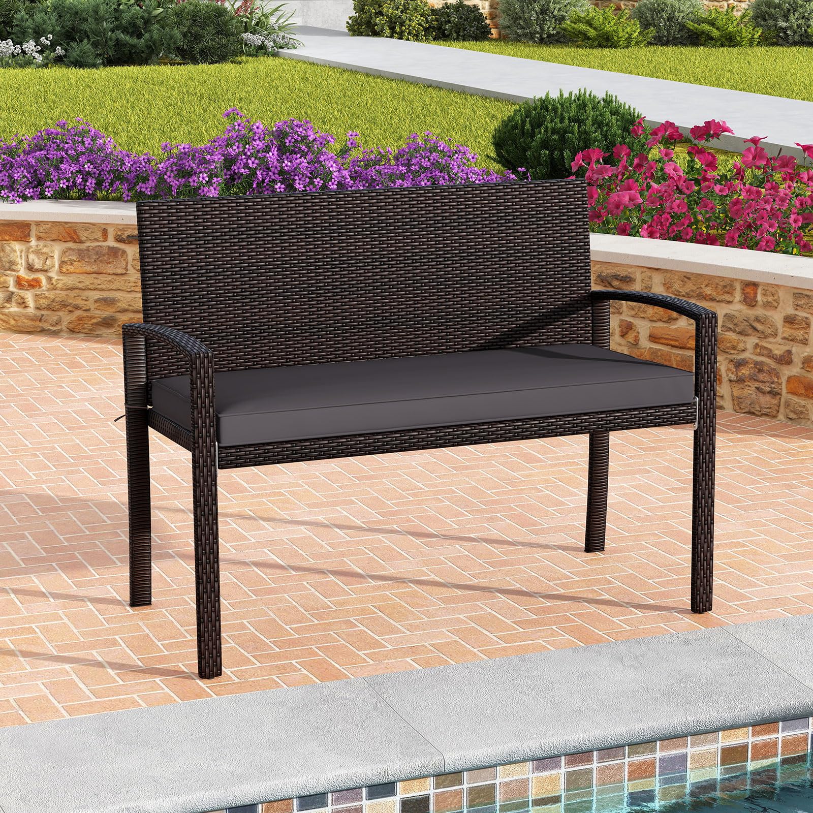 COSTWAY Polyrattan Gartenbank mit Sitzkissen, Balkonbank wetterfest, 2-Sitzer Rattan Sitzbank bis 360 kg belastbar, Terrassenbank für Garten, Balkon und Terrasse, 110 x 56 x 84 cm (Grau)