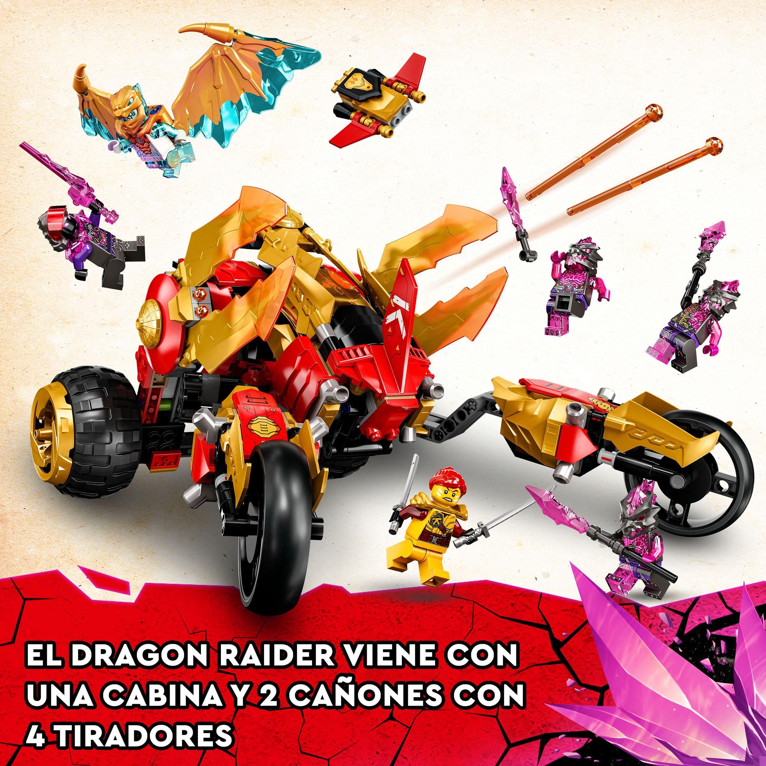 LEGO 71773 Ninjago Explorador del Dragón Dorado de Kai, Coche de Juguete para Niños de 8 Años o Más, Juego de Acción, Serie TV Crystallized