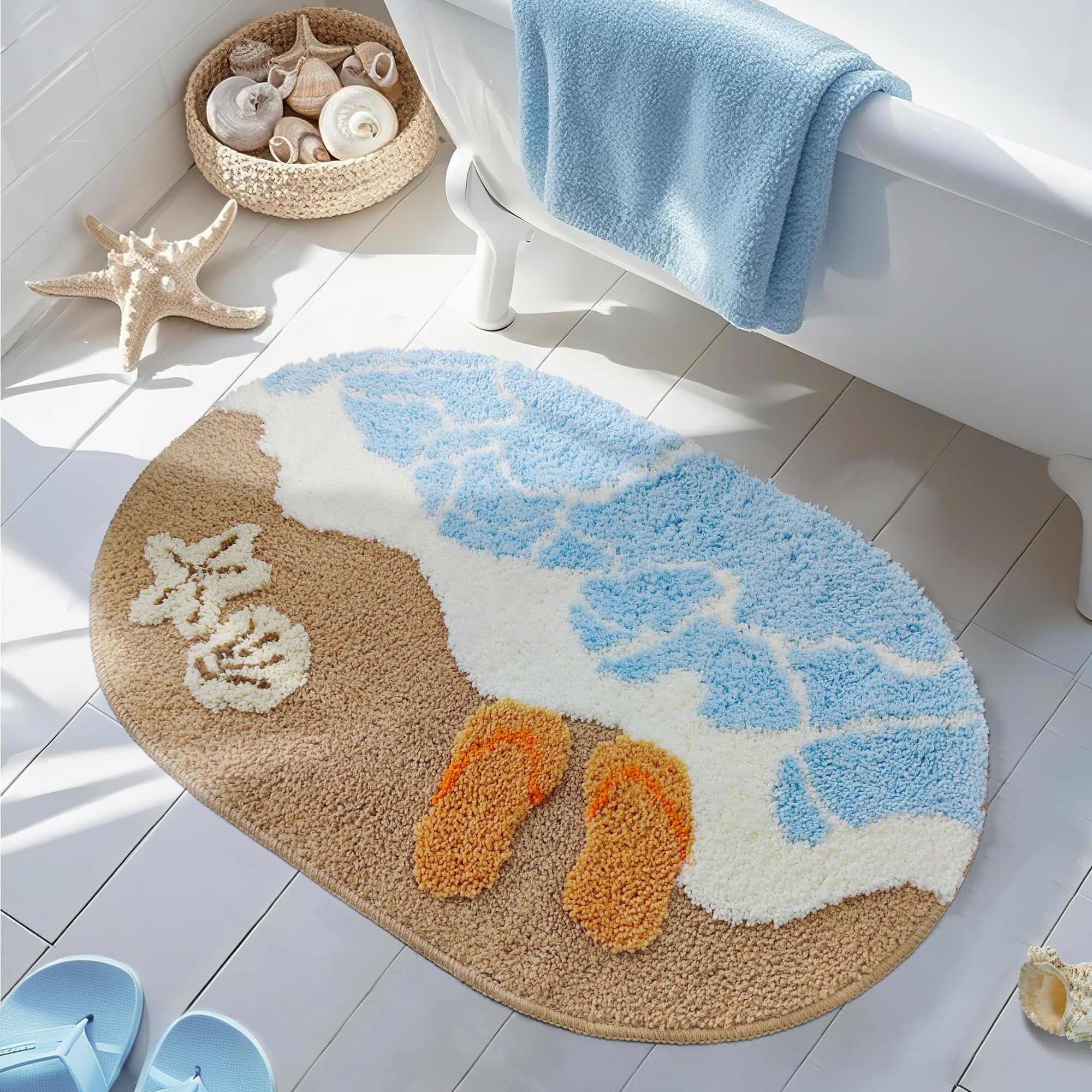 Beach Bathroom Rug Coastal Mat 20x32 Ocean Bath Rug Sea Theme Non Slip Nautical Carpet Starfish Seashell Beachy