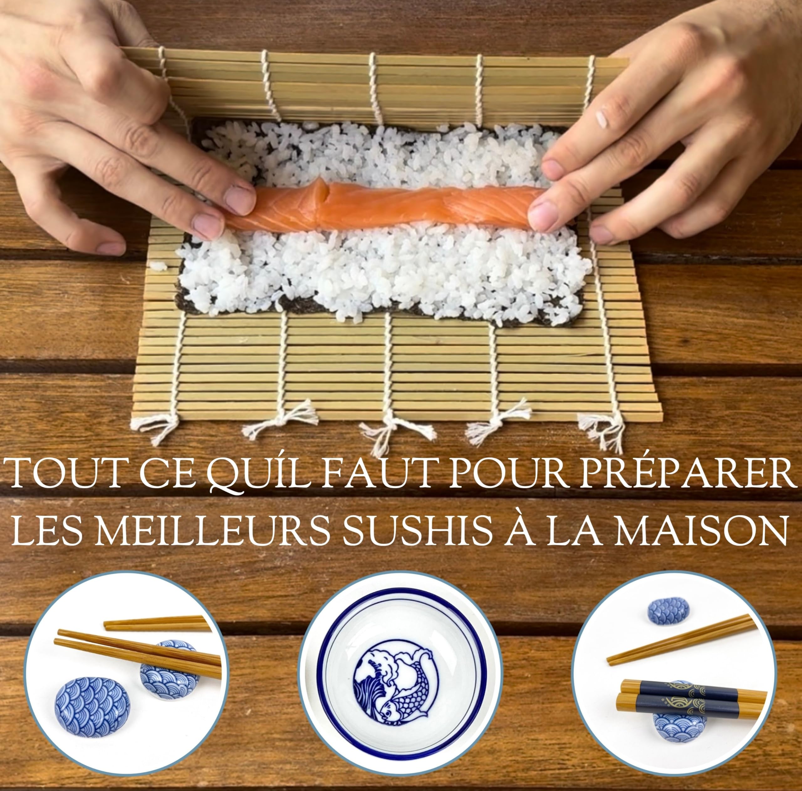 UMAI Kit Sushi | Kit pour faire des sushis à la maison | Set de sushis 2 tapis à sushis + palette + 2 jeux de baguettes + 2 bols de soja + 2 supports baguettes + QR avec livre de recettes