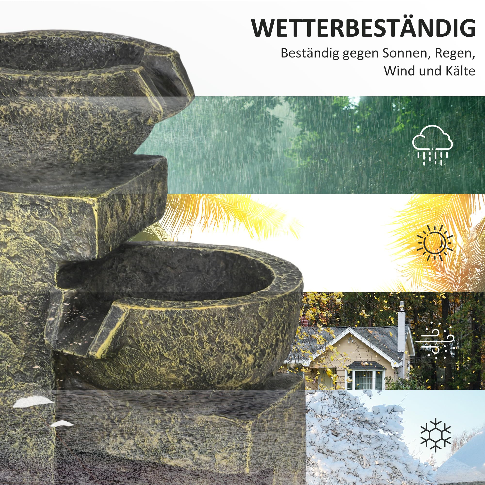 Outsunny Gartenbrunnen, Springbrunnen mit Einstellbarer Strömung, 4 Stufen Zierbrunnen, Wasserspiel, Wasserfall für Garten, Gartenteich, Terrasse, Kunstharz