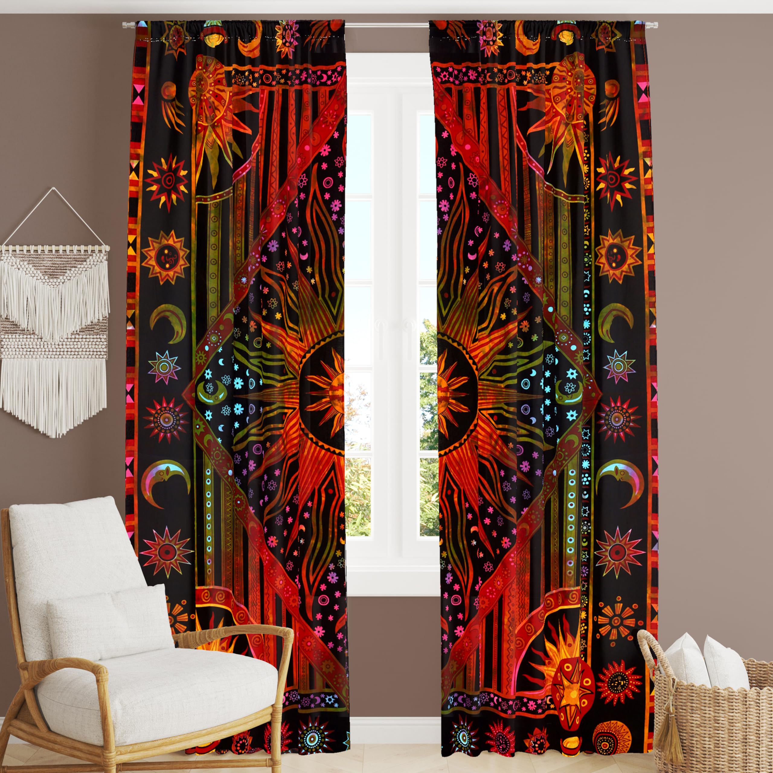 Bless International Beautiful Indian Bohemian Psychedelic Hippie Burning Sun Window Curtain Panels for Bedroom, Living, Balcony (Golden Tie Dye (25x74