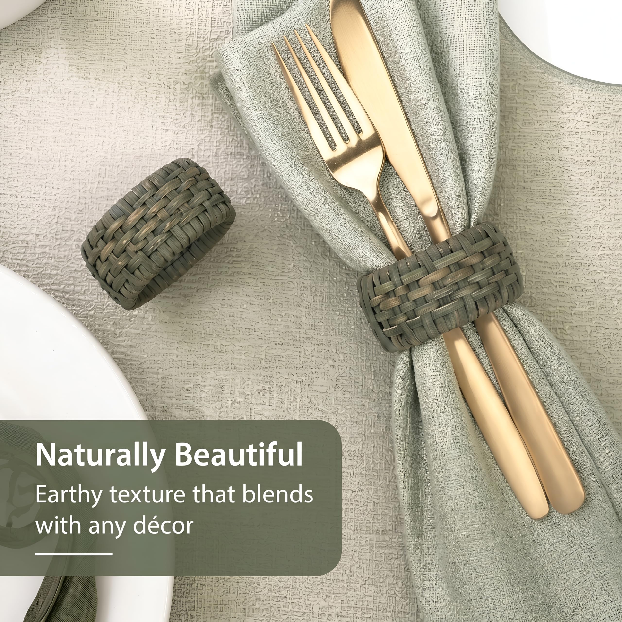 Artisan Cane Lot de 12 ronds de serviette de table tissés terreux, accessoire de table naturel bohème pour dîners, fêtes et utilisation quotidienne (vert kaki) ALPHA Living HOME