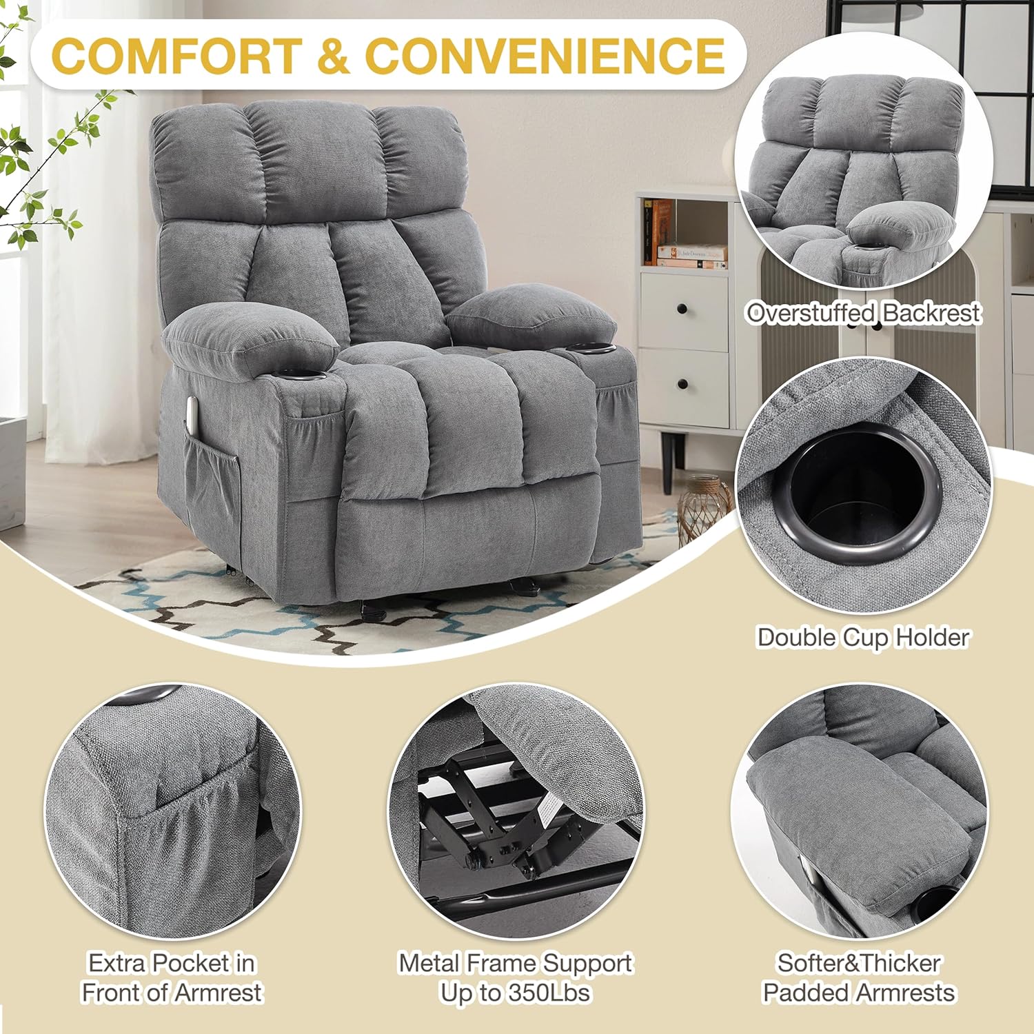Massage Recliner Chair, Overstuffed Rocker Lazy Boy Chairs with Vibration&Gently Heat,Fabric Ergonomic Manual Nursery Chair for Living Room with Side Pocket, 2 Cup Holders, Grey