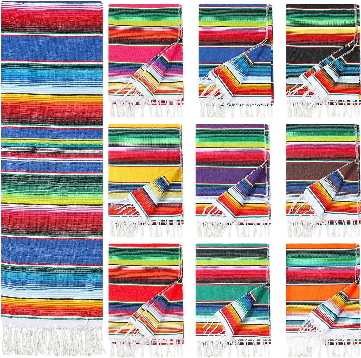 Tudomro 10 PCS Large Authentic Mexican Blankets Colorful Mexican Striped Throw Blankets Serape Fiesta Beach Fringe Yoga for Home Office Camping Picnic (Rainbow)