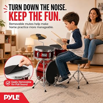 Pyle Kids Drum Set, 3 Piece Beginner Junior Drummer Kit with 13 Bass Drum, Snare, Tom, Cymbal, Adjustable Throne, Mutes, Drumsticks, Red