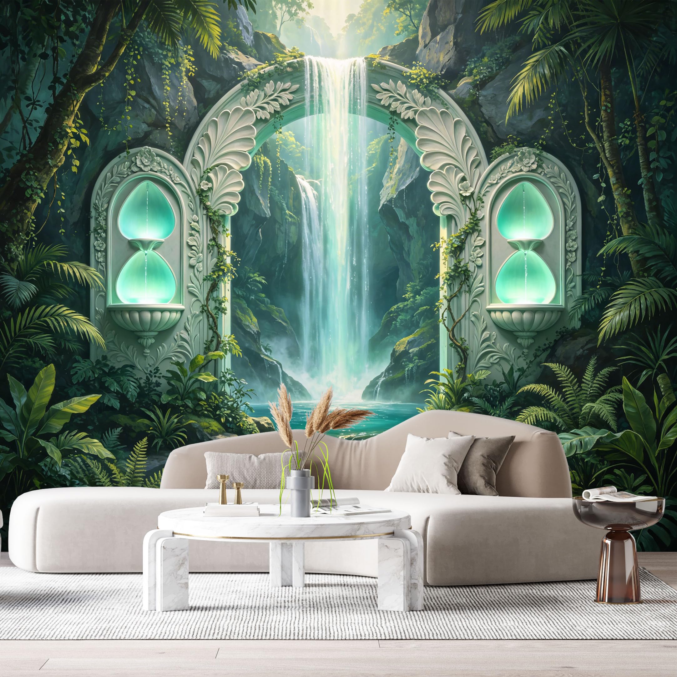 Custom Size Wall Murals Jungle Tropical Waterfall Hourglass 3D Trompe L'Oeil SelfAdhesiveWall Fabric Removable Wallpaper Wall Decor for Living Room Bedroom Bathroom