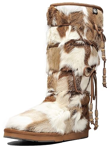 AU&MU Aumu Womens Comfort Suede Fur Shearling Stylish Knee High Winter Snow Boots Women Sheepskin - 5 - Chestnut