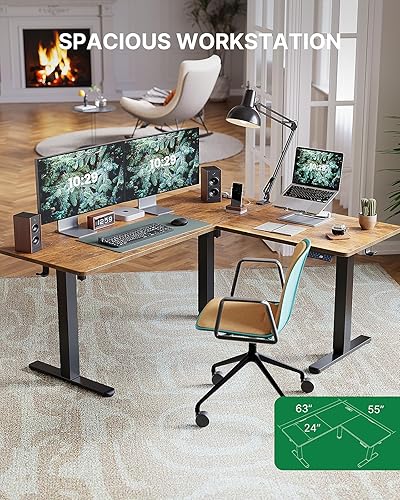 Miniatura 7 de Marsail Escritorio eléctrico de pie en forma de L de esquina de 63 x 55 pulgadas con toma eléctrica 4 en 1, gancho para auriculares y funciones de