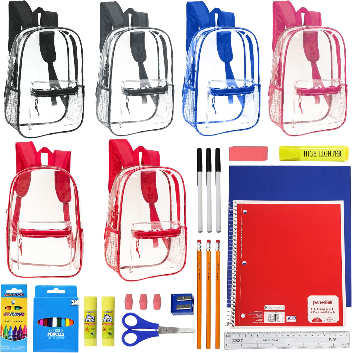 Moda West 17 Inch Bulk Backpacks with School Supply Kit For Elementary, Middle, and High School Students - Case of 12 Wholesale Backpacks For Kids in Assorted Colors