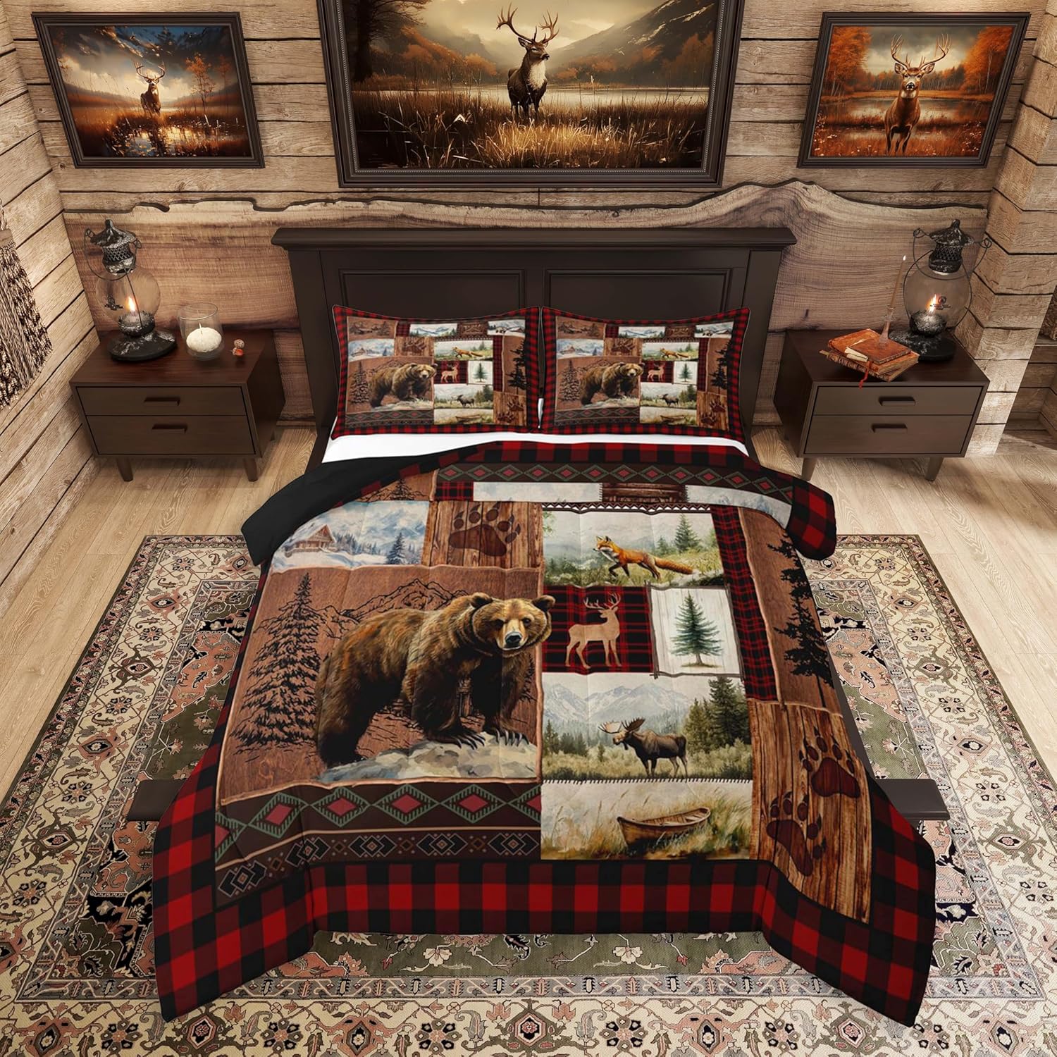 Feelyou Cabin Bear Comforter Set Queen Size Lodge Rustic Deer Bedding Set for Boys Girls Farmhouse Wildlife Duvet Quilt Country Boho Bedroom Decor Buffalo Check Checkered Wooden with 2 Pillow Cases