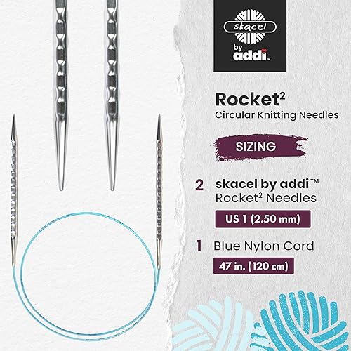 Vista 18 de skacel by addi Circular Knitting Needles, 47 Inch (120 cm) Rocket 2 (Squared) Plated Brass Knitting Needle Pair with Nylon Cord, 7 mm (US Size 10.75)