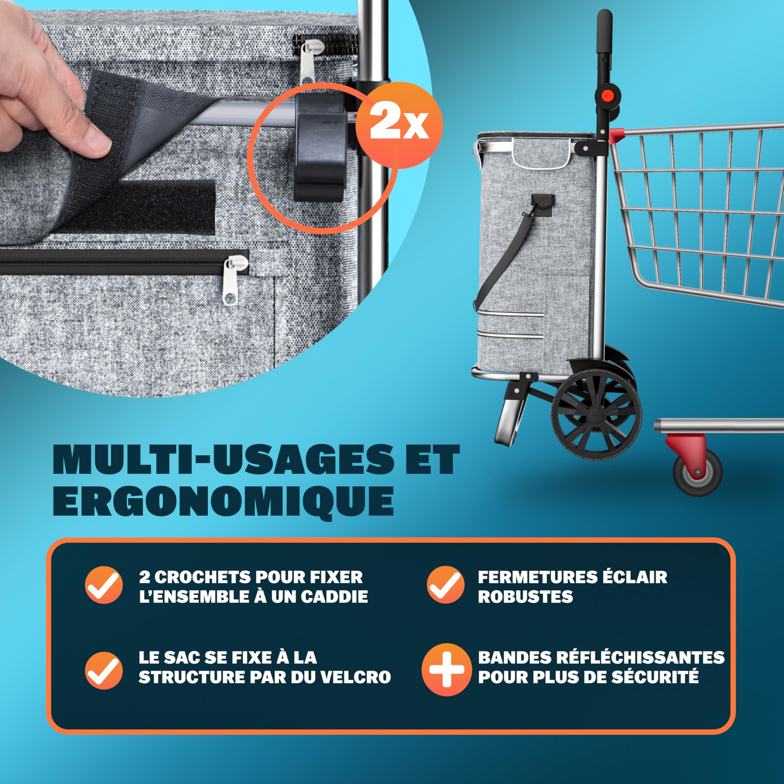 MONZANA® Chariot de courses gris 56 litres 3en1 pliable compartiment isotherme poignée réglable bandes réfléchissantes
