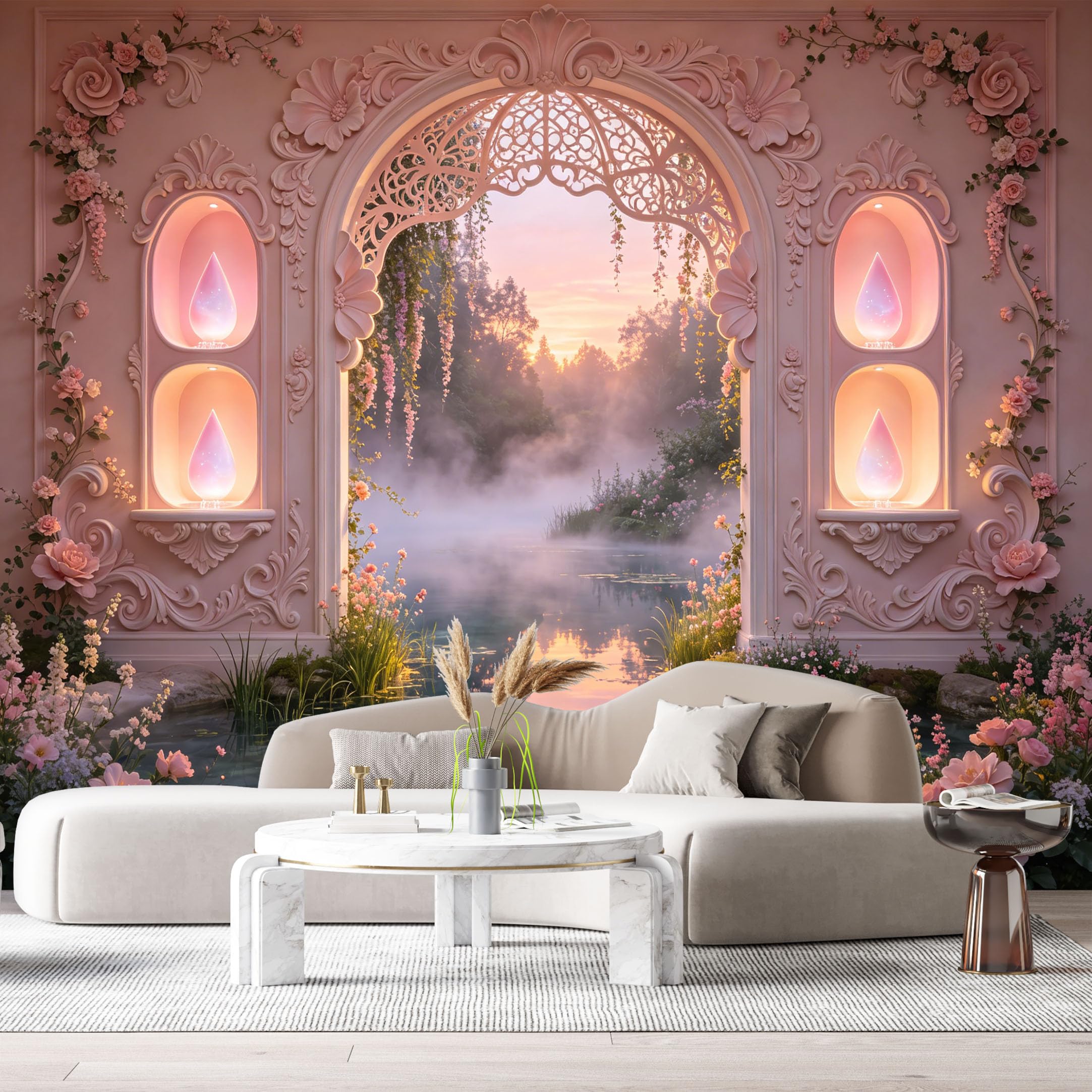 Custom Size Wall Murals Fantasy Garden Archway Misty Water 3D Trompe L'Oeil SelfAdhesiveWall Fabric Removable Wallpaper Wall Decor for Living Room Bedroom Bathroom