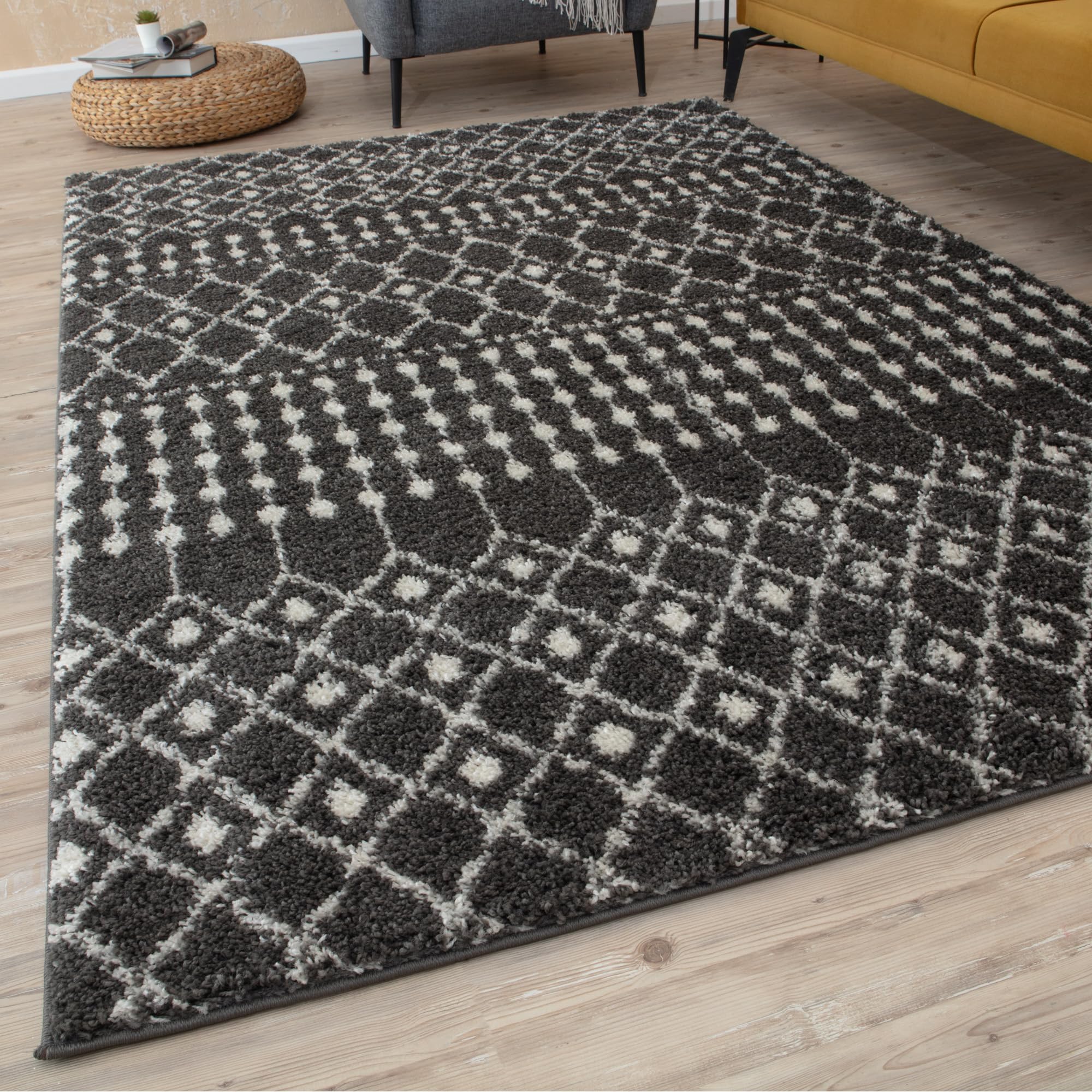 THE RUGS Modern Moroccan Design Living Room and Bedroom Rugs, Non-Shedding & Easy Care (Moroccan Dark Grey/Ivory, 180x270 cm)
