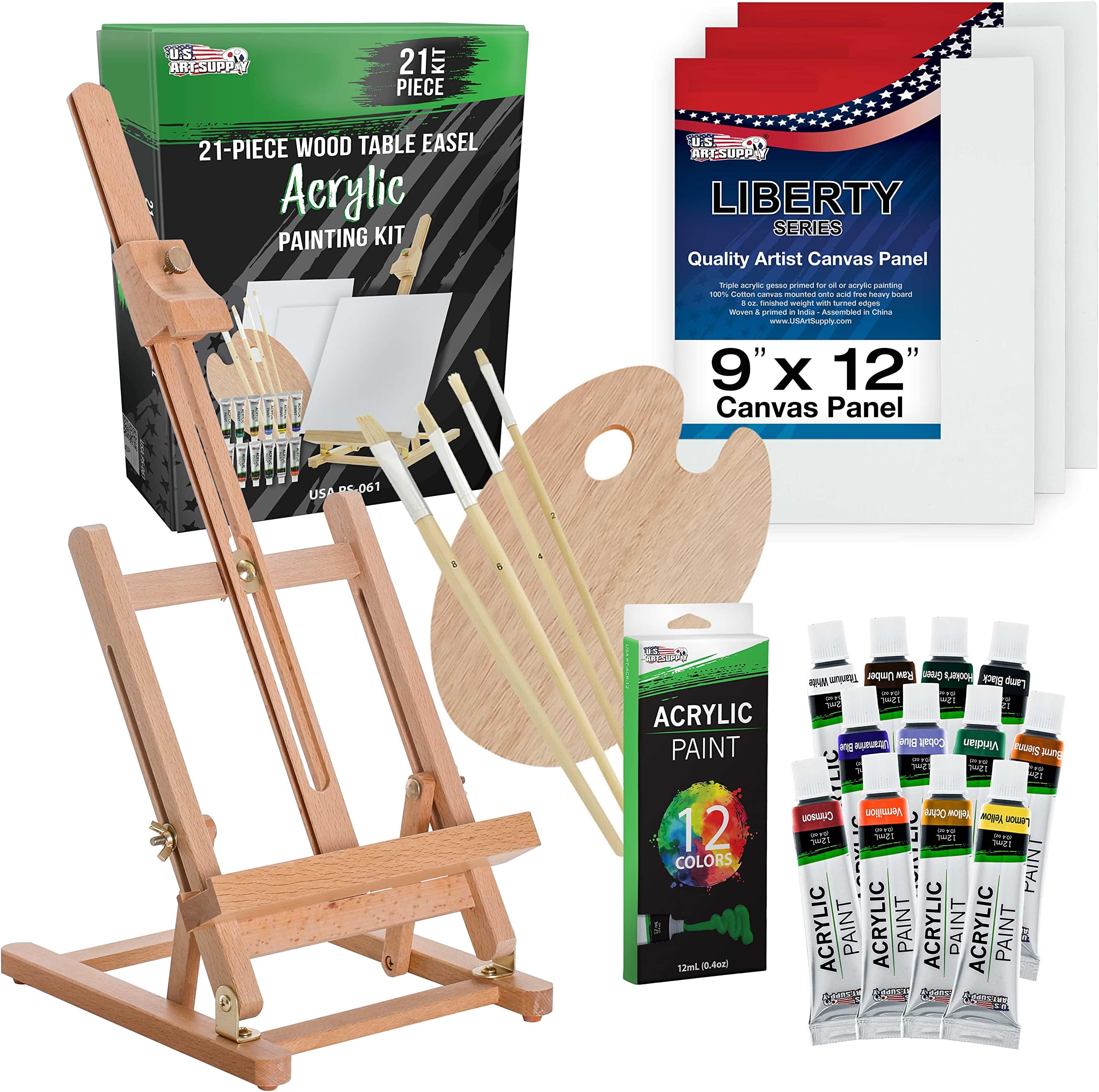 US Art Supply® Wood Studio Table Easel & Paint Box Set with 12 Paint Colors, Canvas Panels, Brushes, Plastic Palette (Acrylic Paint Kit)