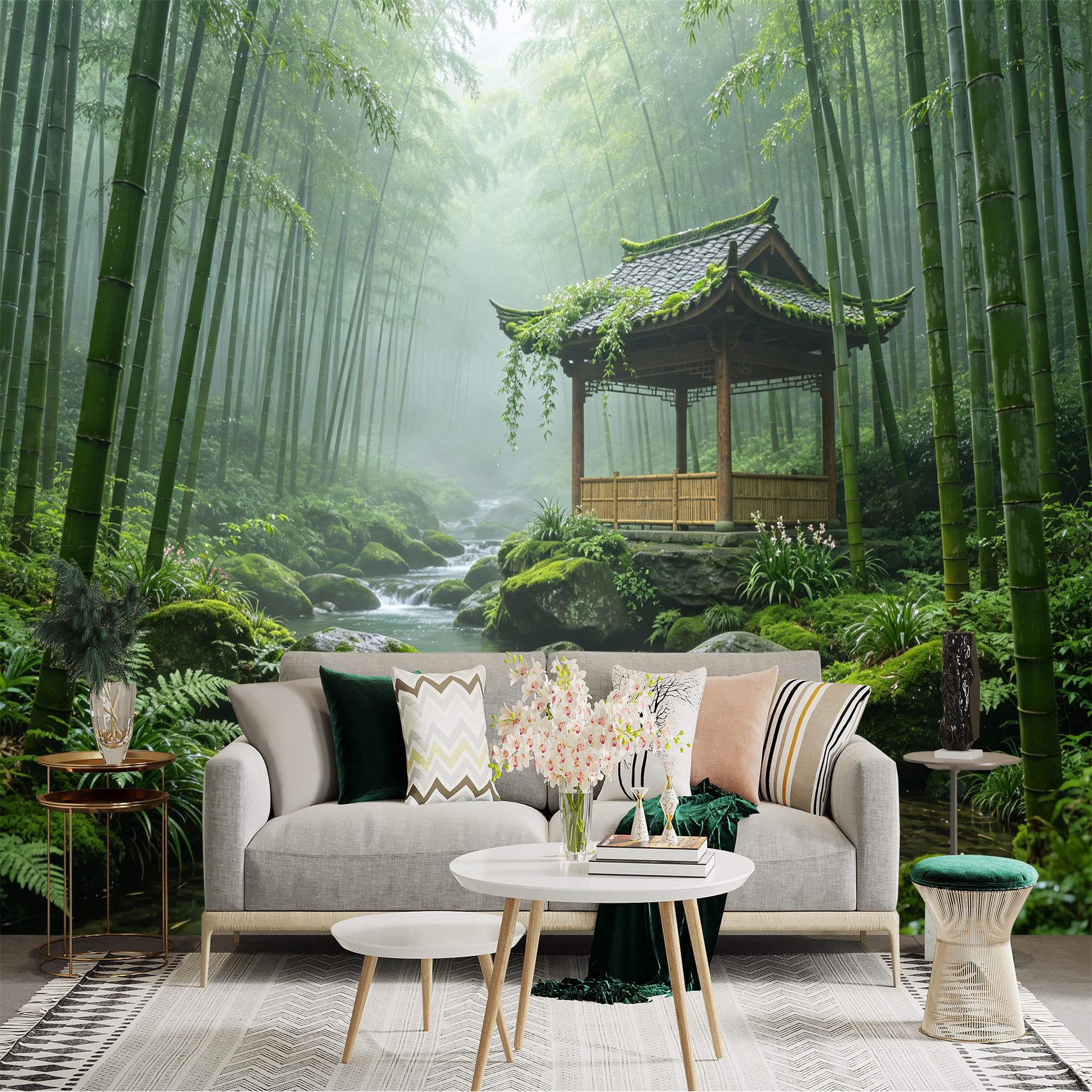 Custom Size Wall Sticker Mural， Tranquil Bamboo Forest with Wooden Pavilion and Flowing Stream， for wall Decoration， peelandstick wall Decals.