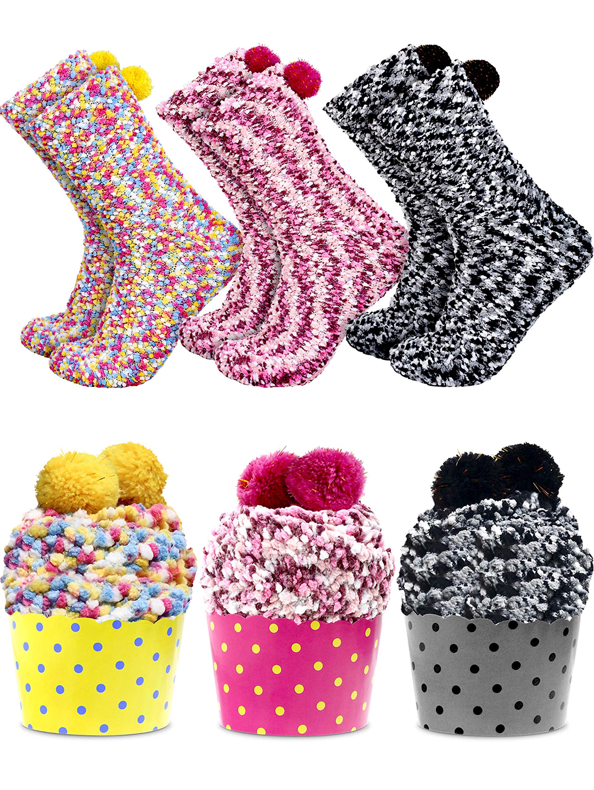 3 Pairs Valentine's Day DIY Cupcake Socks Fuzzy Socks with Cupcake Wrappers Presents for Women Girls