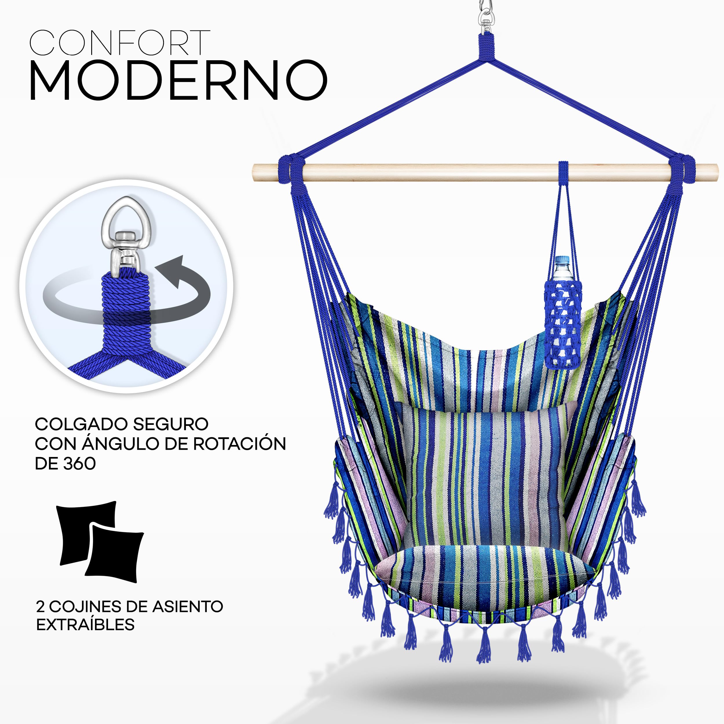 tillvex Silla Colgante hasta 150 kg | Columpio para Colgar en Exterior e Interior | Hamaca con Cuerda, Cojines y Flecos | Kit de Suspensión para Jardín, Terraza, Balcón (Multicolor (con 2 Cojines))