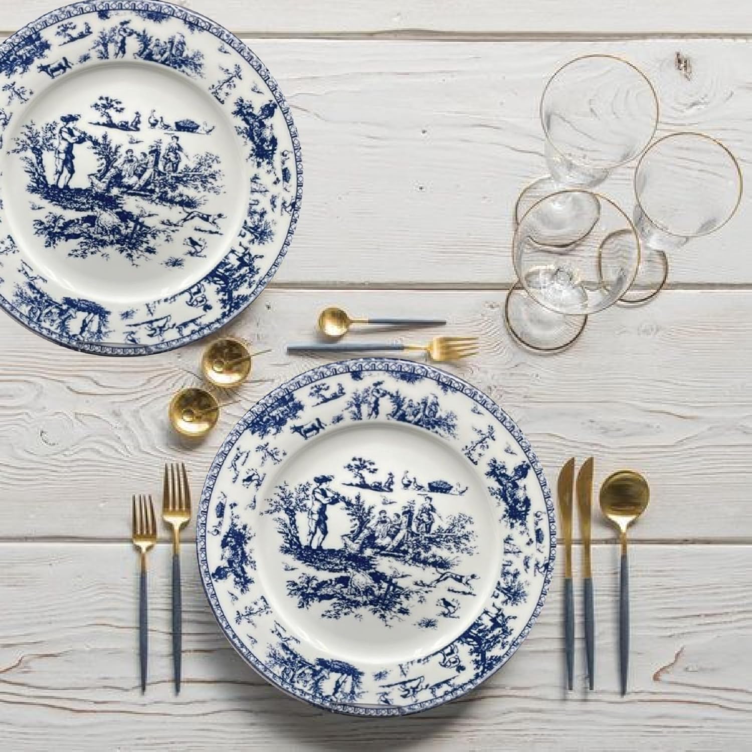 W&S CLASSICS Classic French Luxury Round Dinner Plates | 10.5 Inches Colorful Ceramic Flat Plates – Set of 6| Large Serving Plates for Party | Dishes for Appetizer, Salad, Desert, Steak (Blue)